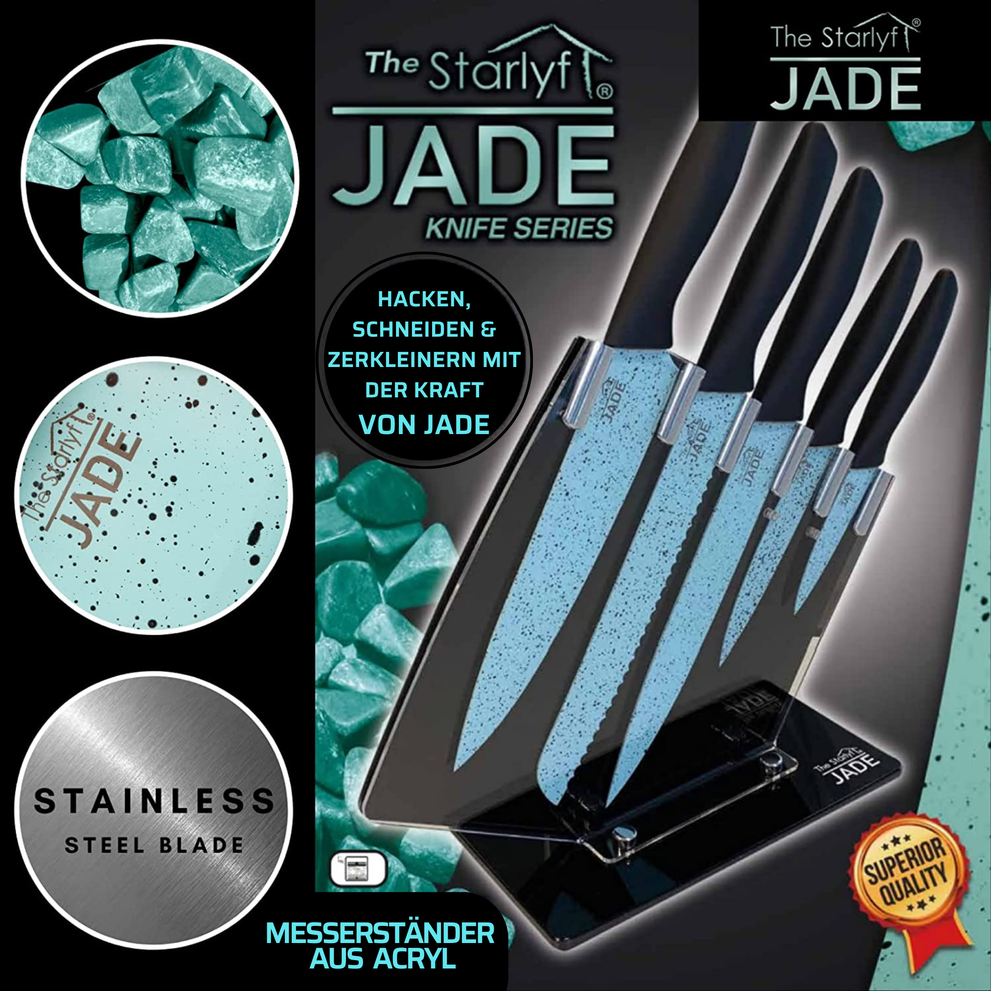 Jade-Messerset mit Messern und Ständer, verschiedene Elemente.