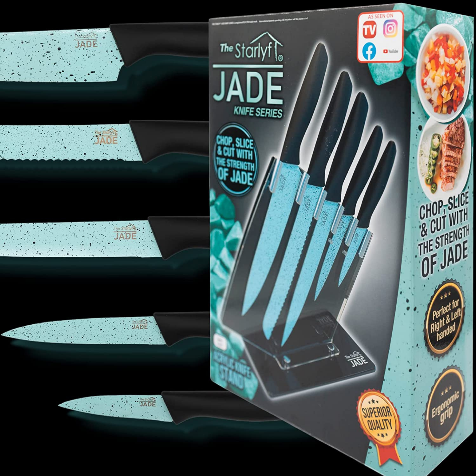 Ein Messerset in einer Displaybox, mit jadegrünen Klingen und schwarzen Griffen.