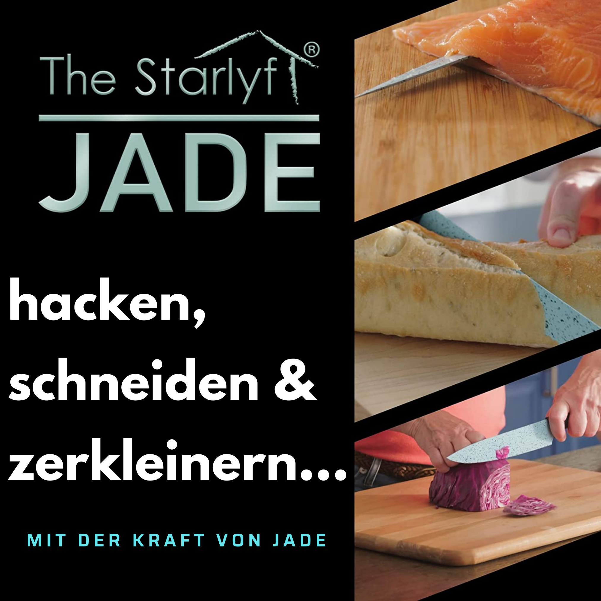 Text-Overlay: Messer schneidet Essen, mit Text 'The Starlyf JADE' und 'hacken, schneiden & zerkleinern'.