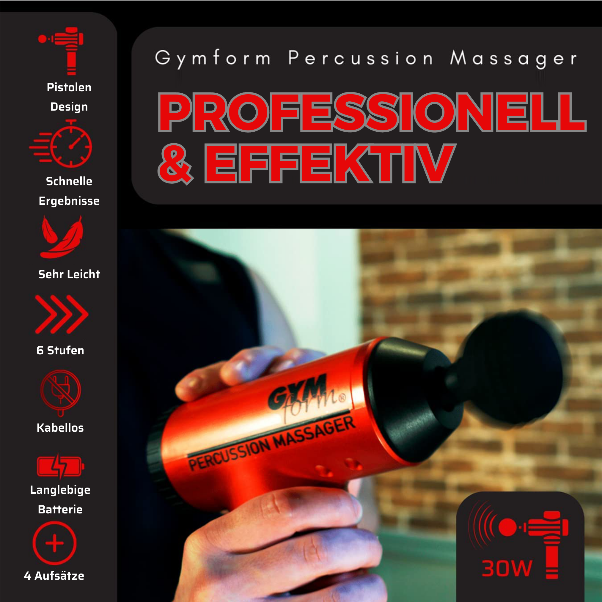 Masseur à percussion Gymform, rouge et noir, avec texte et icônes.