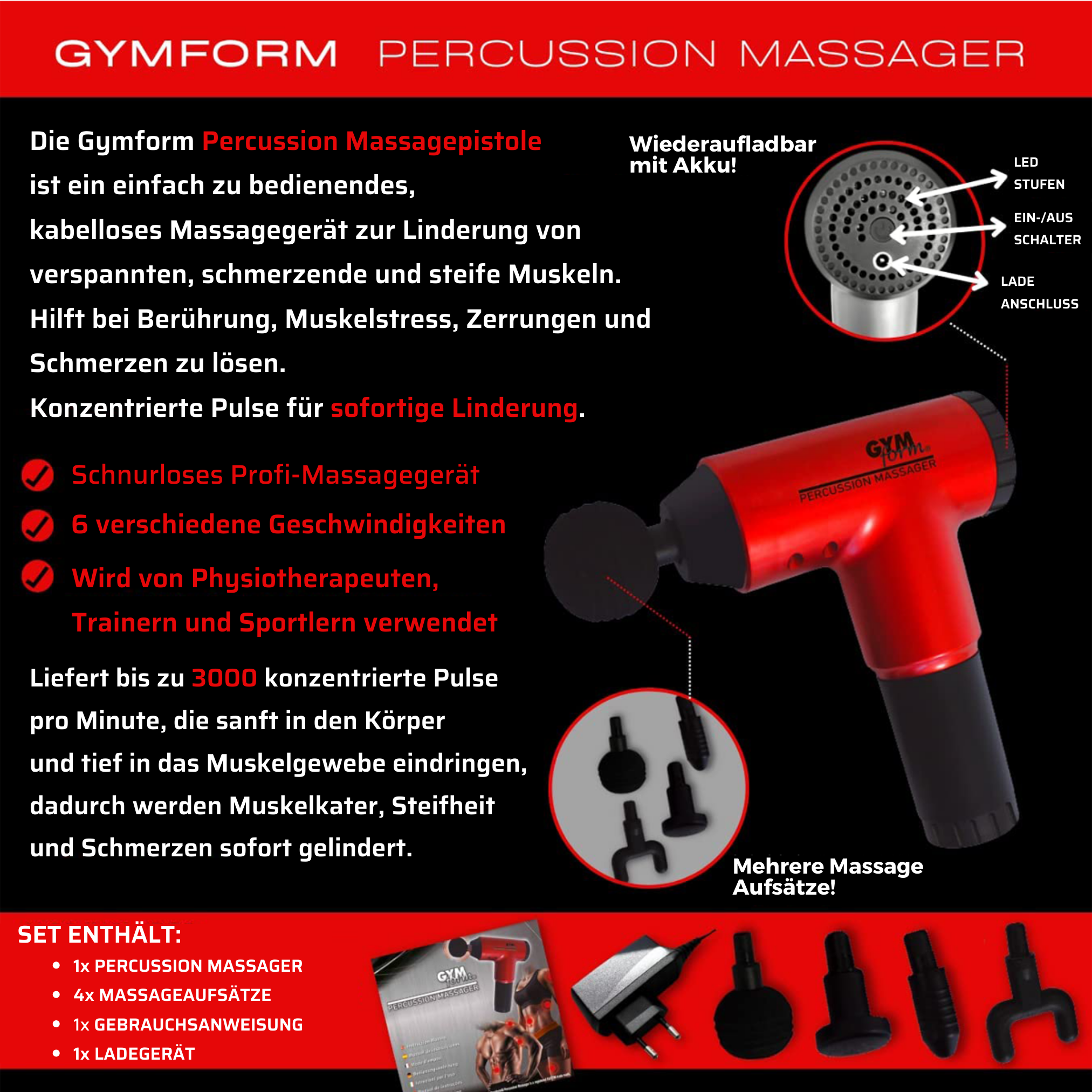 Masseur à percussion Gymform rouge avec divers accessoires et étiquettes de texte.