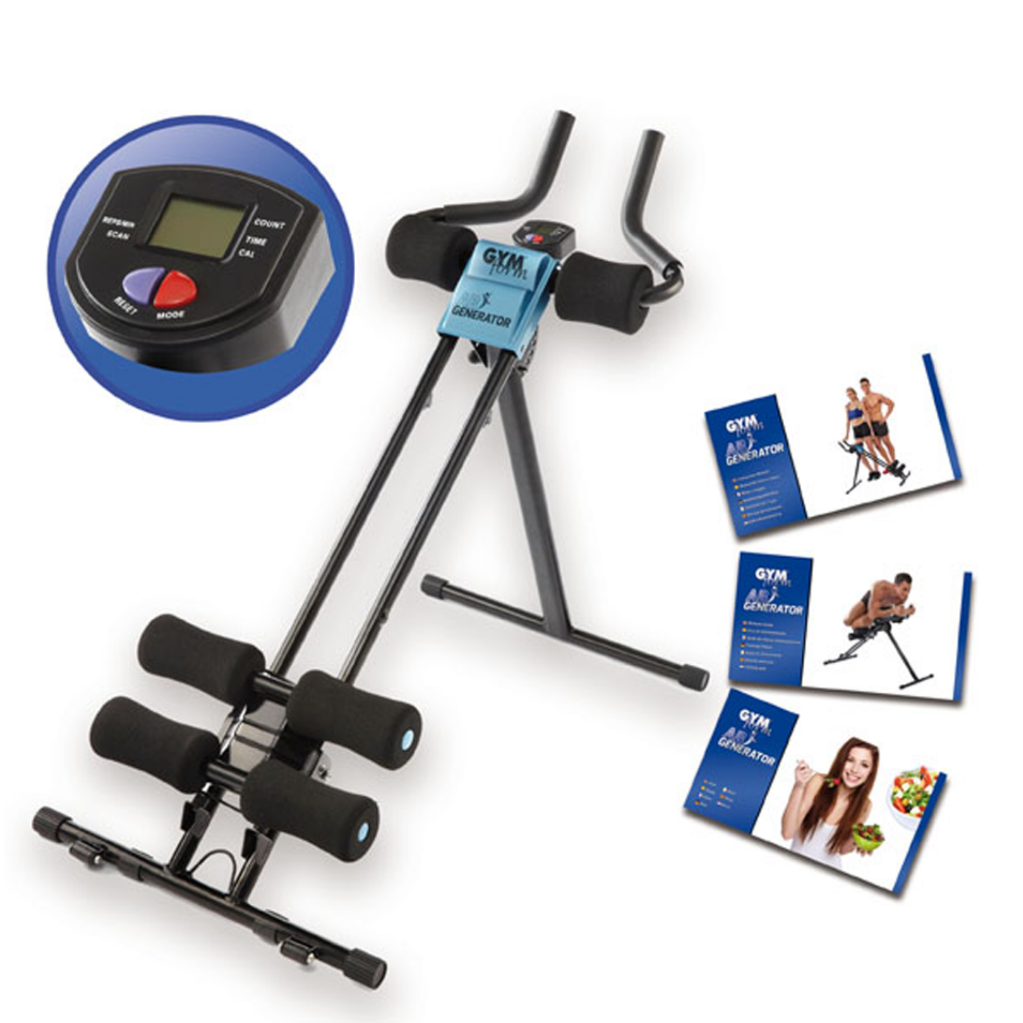 Gym-Bauchmuskeltrainer mit Digitalanzeige und Broschüren mit Übungsbeispielen.
