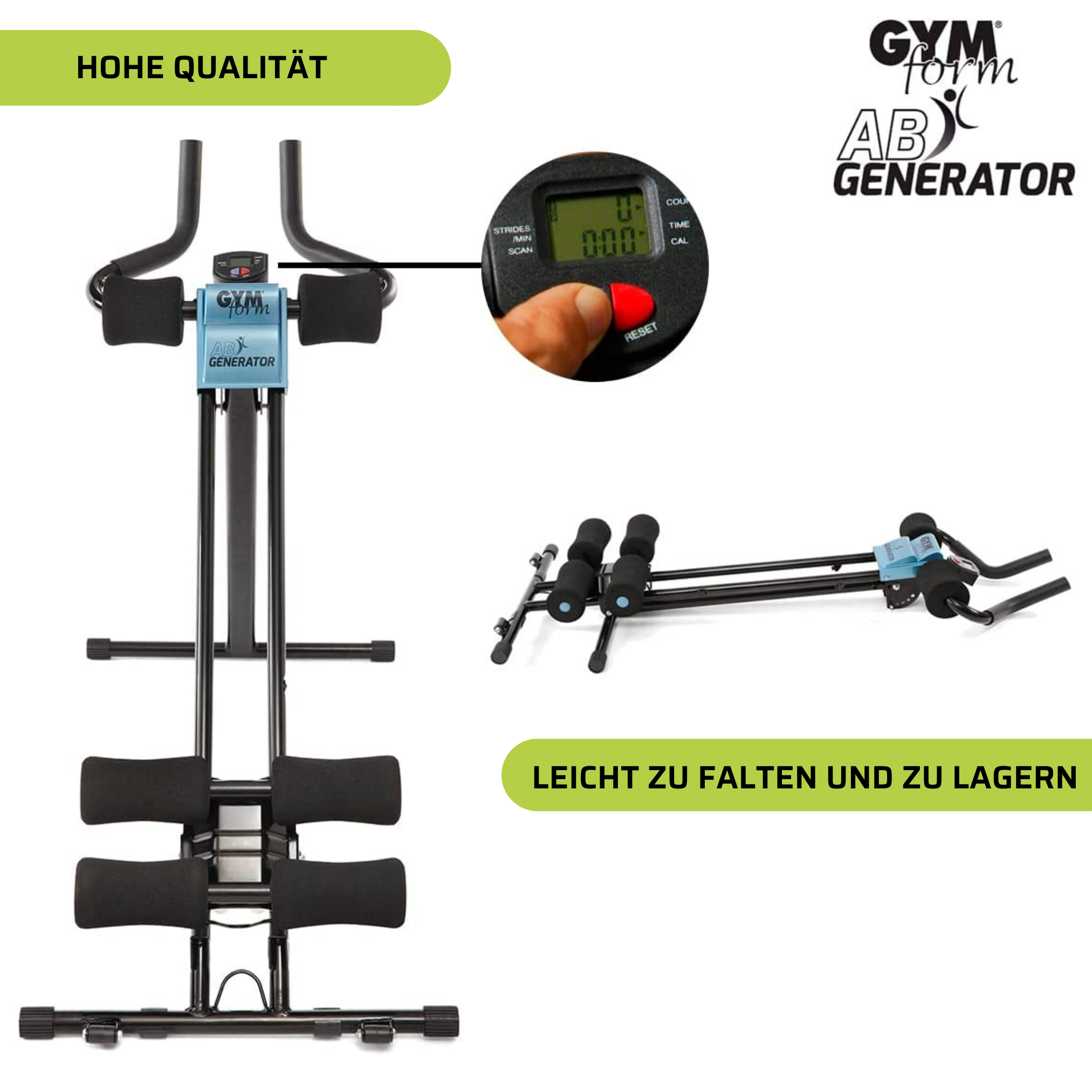 Gym Form AB Generator Maschine. Inklusive Nahaufnahme des Displays und gefaltete Ansicht.