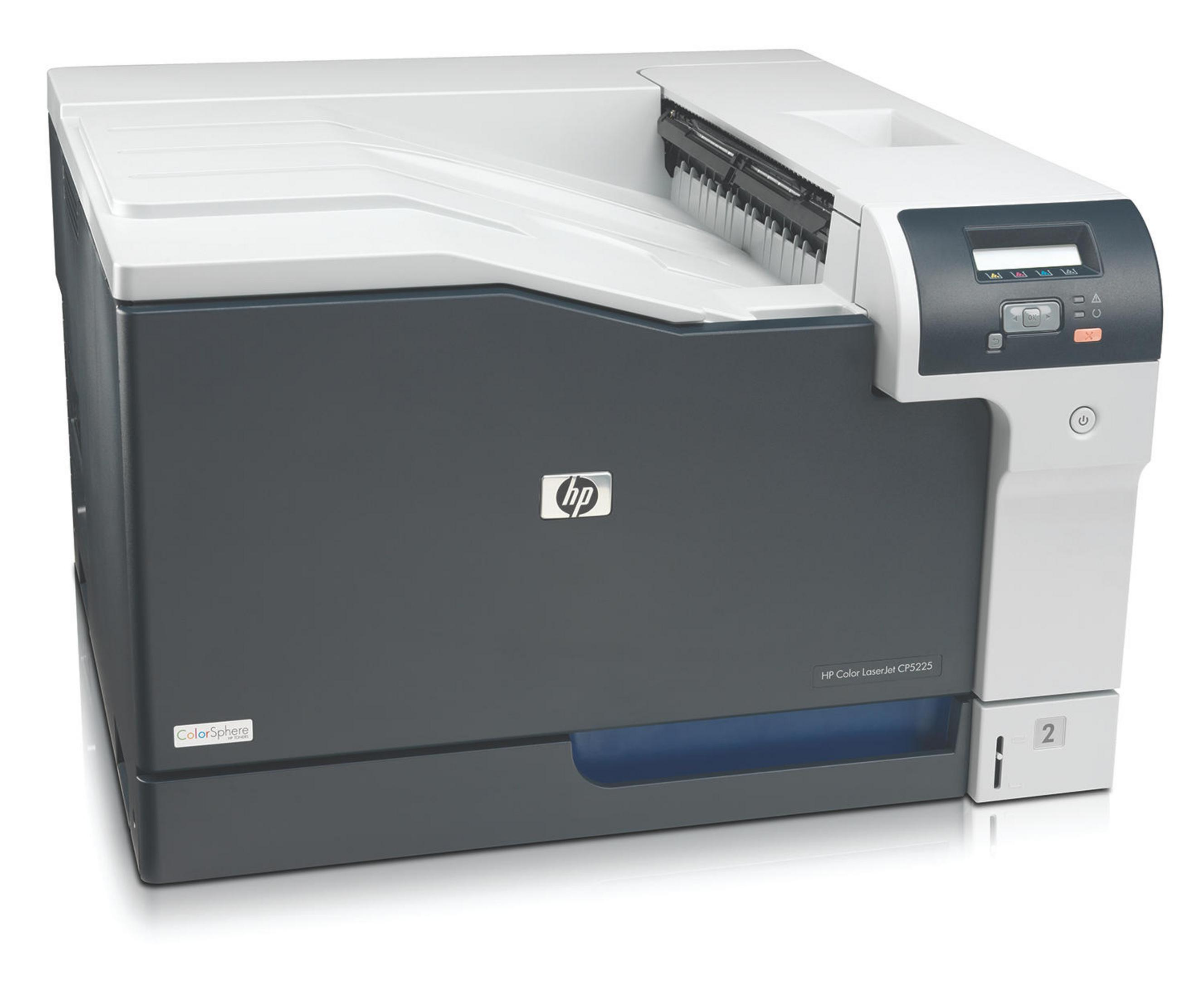 Großer, dunkelgrauer und weißer HP-Drucker mit sichtbarem Bedienfeld.