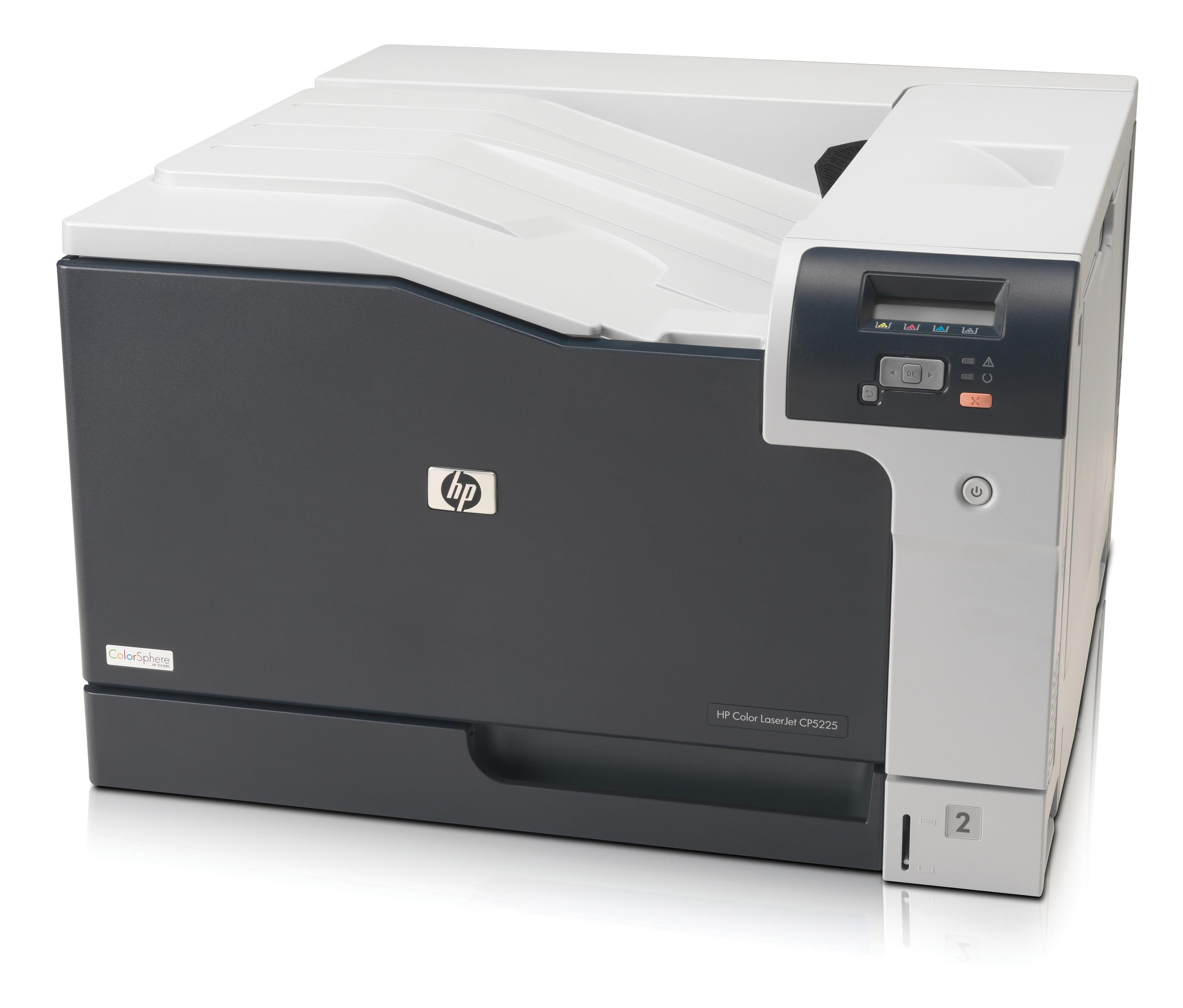 HP Color LaserJet CP225 Drucker auf weißem Hintergrund.