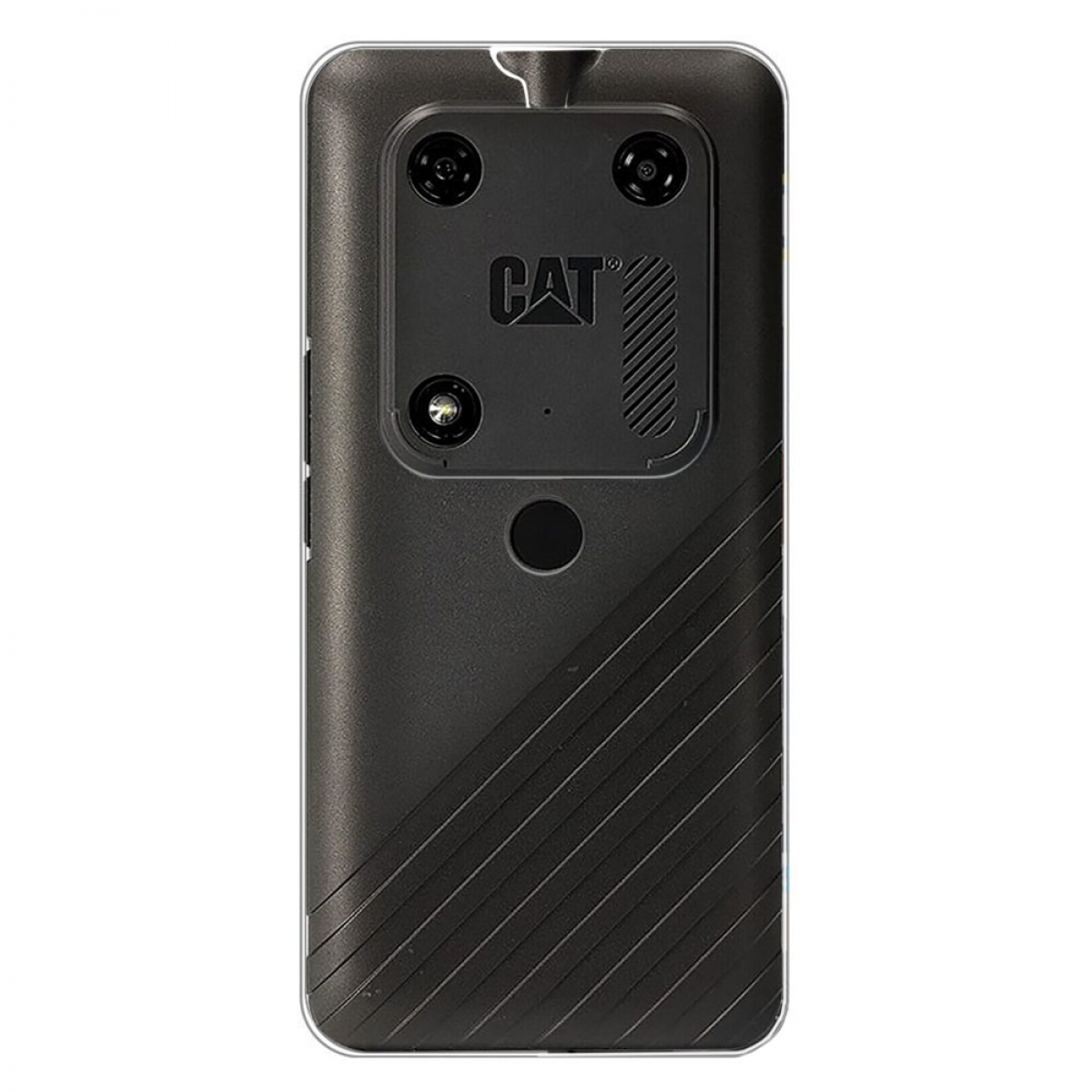 Schwarze CAT-Telefonrückseite mit Kameraanordnung, dem Wort CAT und schwarzen diagonalen Linien.