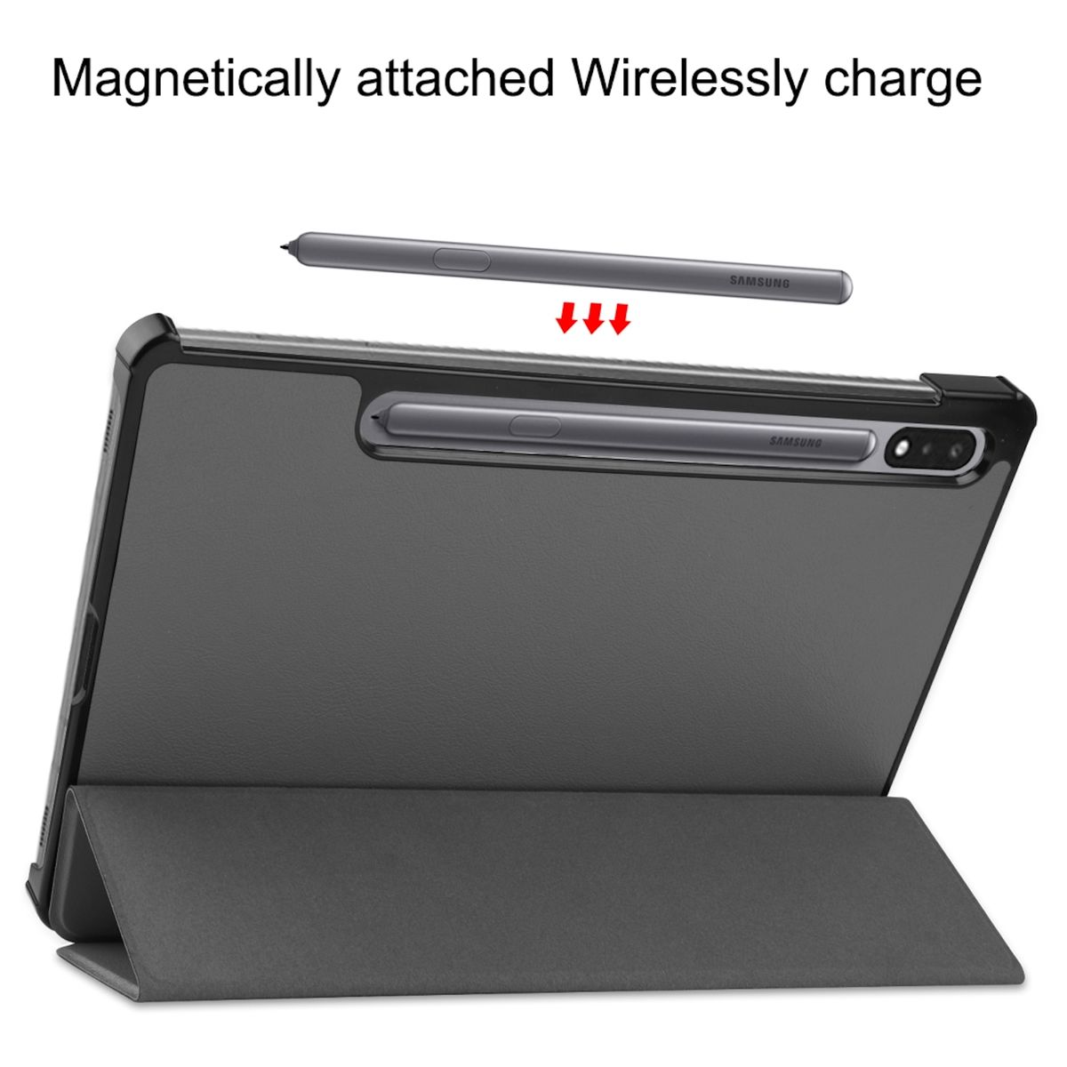 Tablet-Hülle mit magnetisch befestigtem Stift, kabellos aufladend.