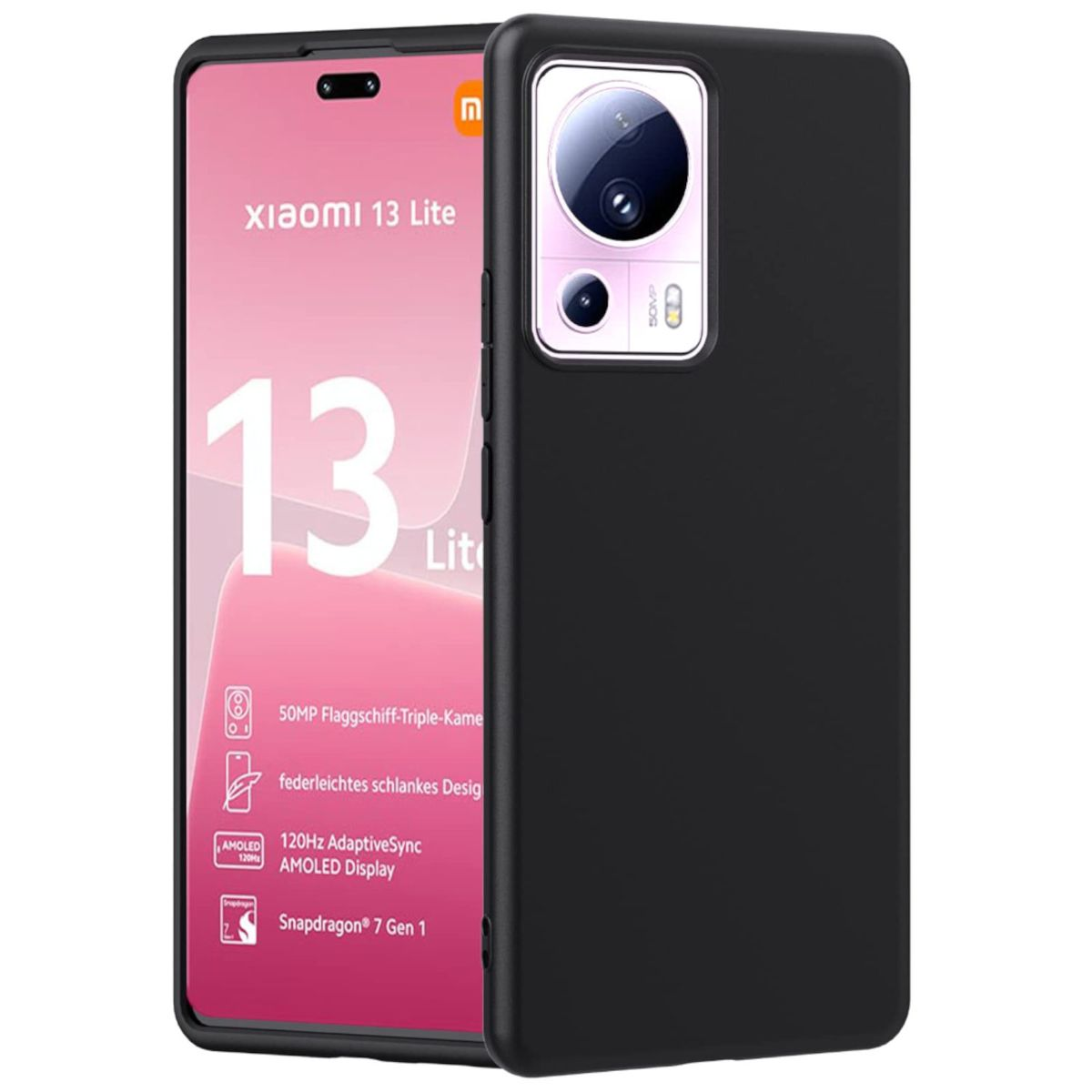 Schwarzes Telefon mit Hülle. Das Telefon zeigt seinen Bildschirm. Rosa Hintergrund mit Text.
