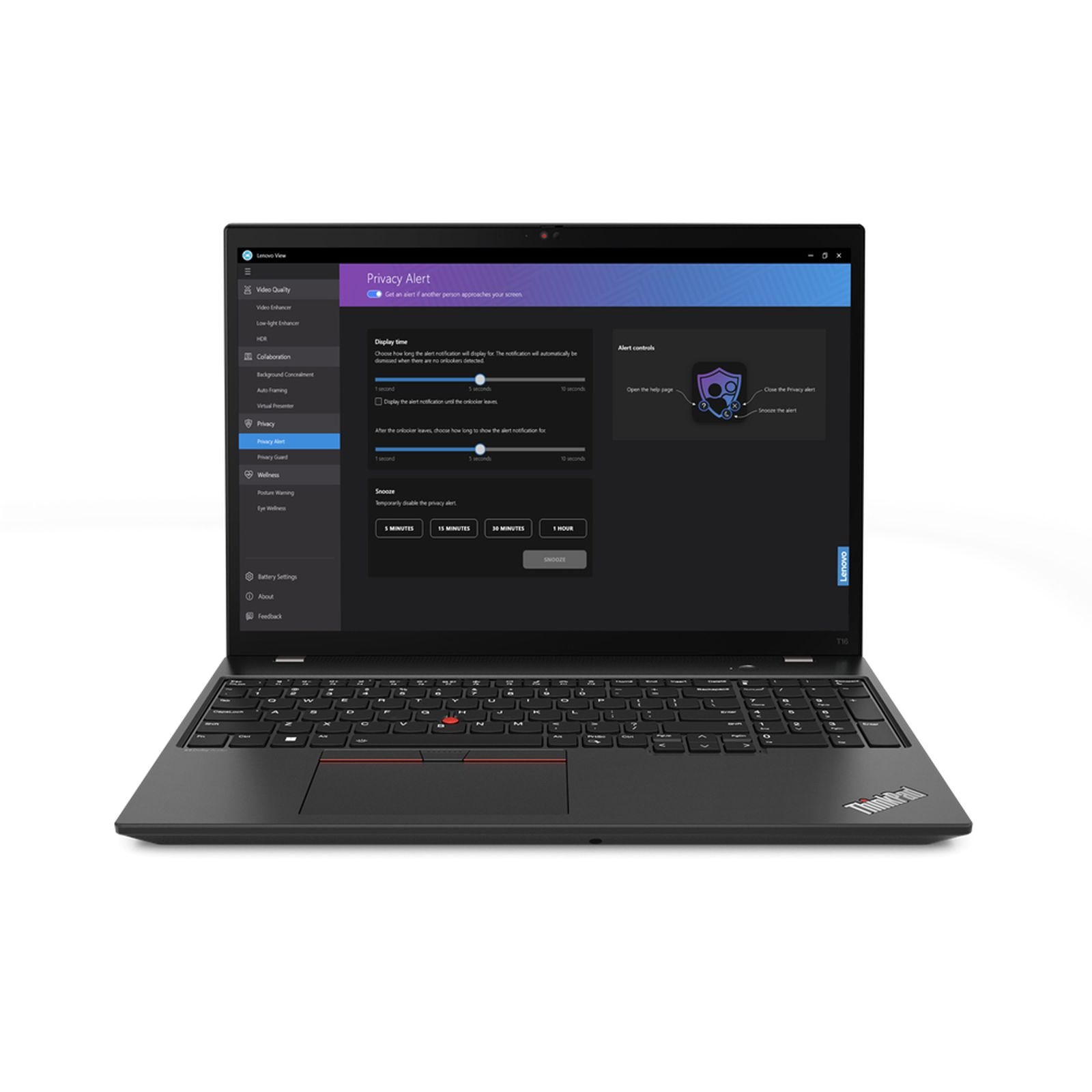 Laptop Lenovo nero, aperto, mostra le impostazioni di avviso sulla privacy. Tastiera visibile, sfondo bianco.