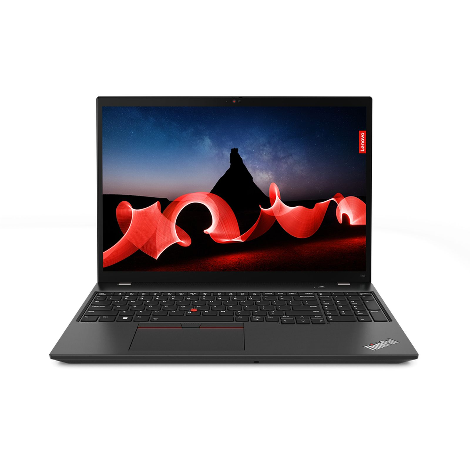 Laptop nero su bianco. Lo schermo mostra una scena di montagna con scie di luce rossa.