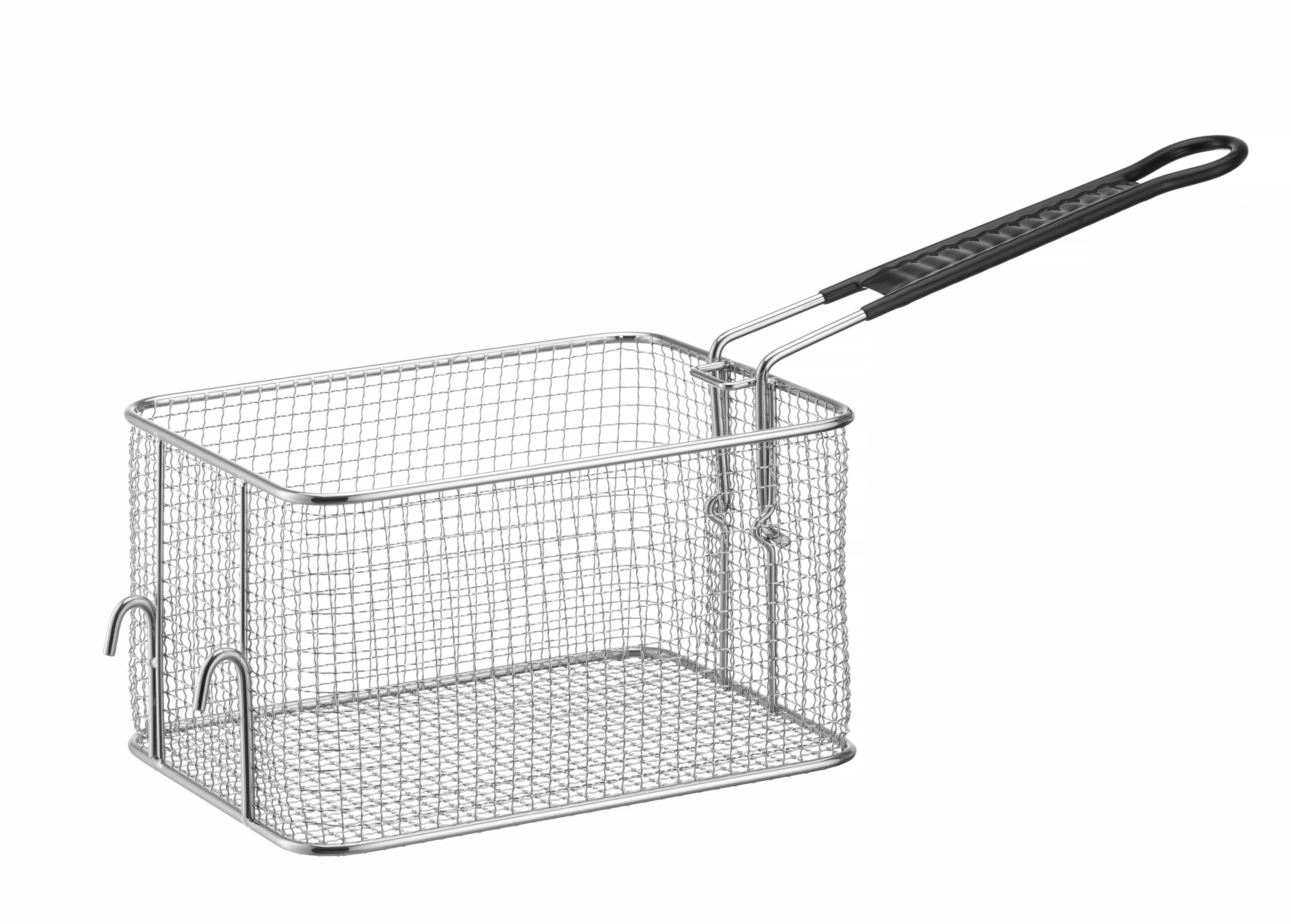 Cestello per friggitrice in rete metallica con manico. Isolato su sfondo bianco.