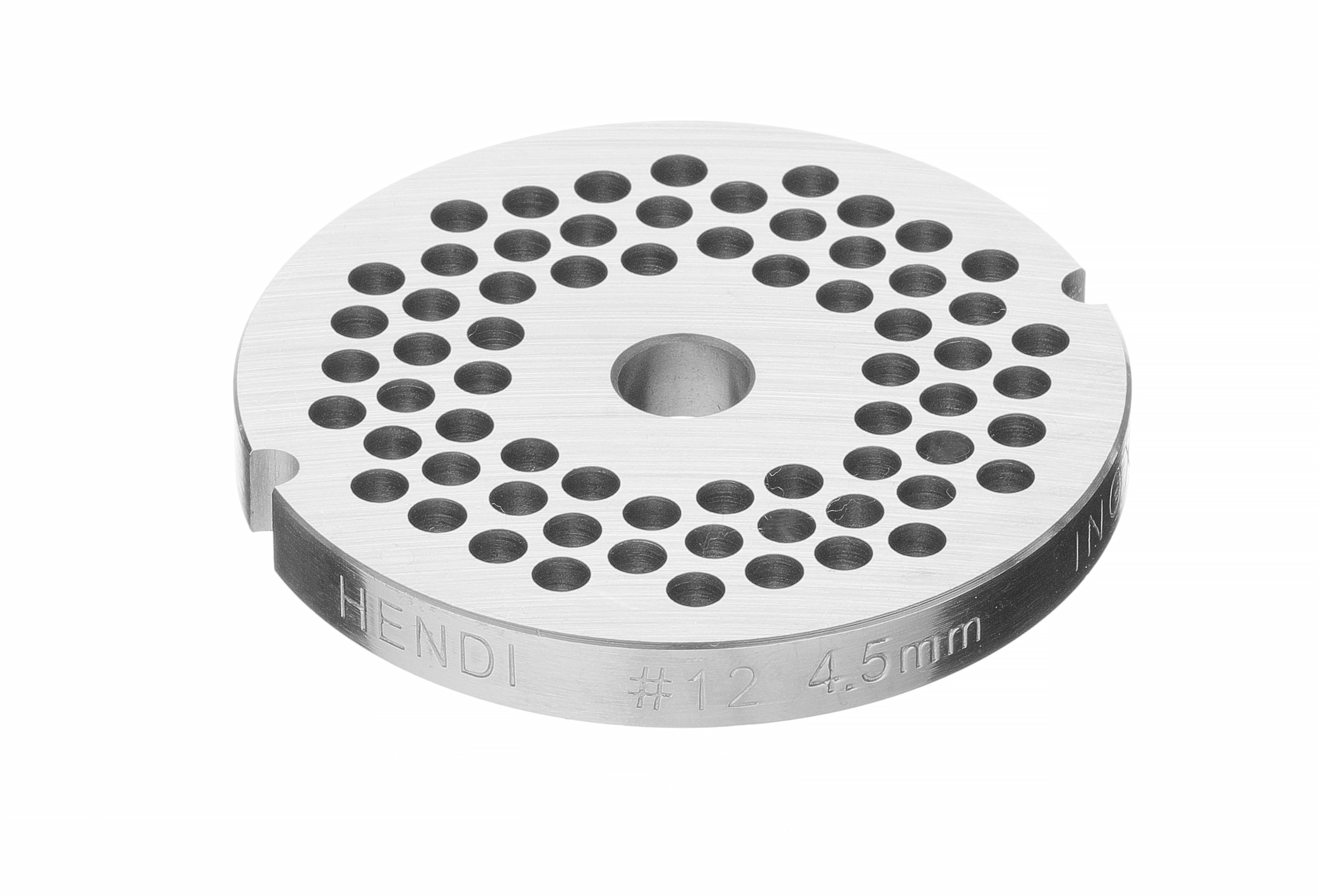 Una piastra rotonda per tritacarne in metallo con fori e la scritta 'Hendi #12 4.5mm'.