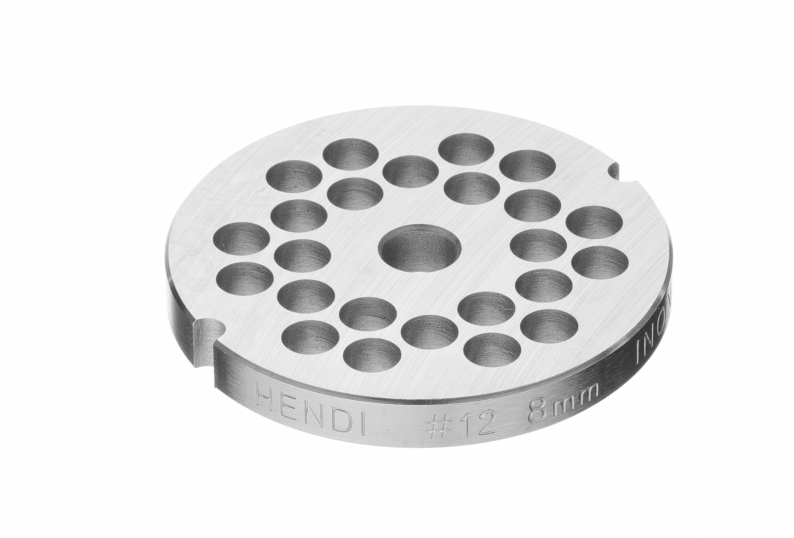 Una piastra per tritacarne in acciaio inossidabile con fori grandi, su sfondo bianco. C'è scritto HENDI #12 8mm.