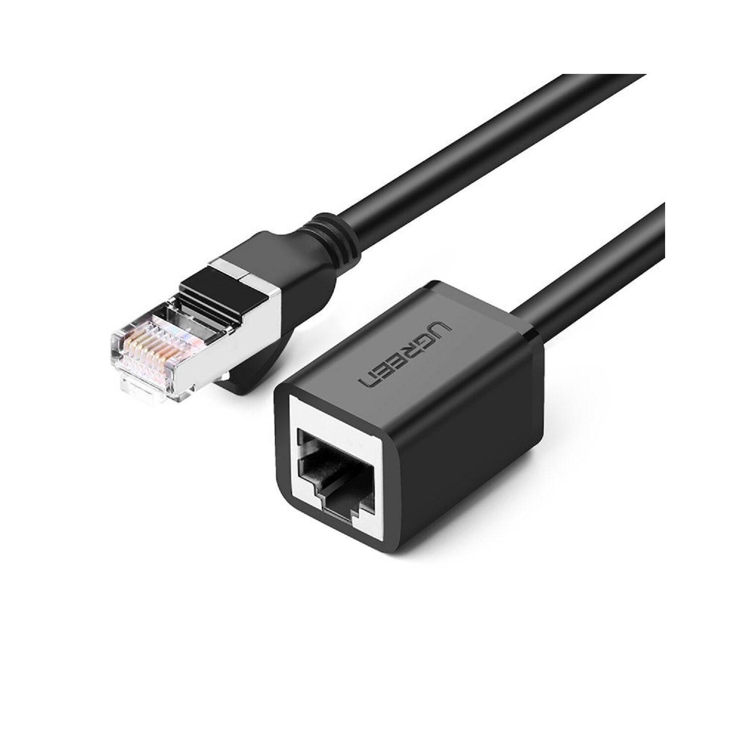 Czarny kabel sieciowy ze złączem RJ45 i żeńskim złączem.