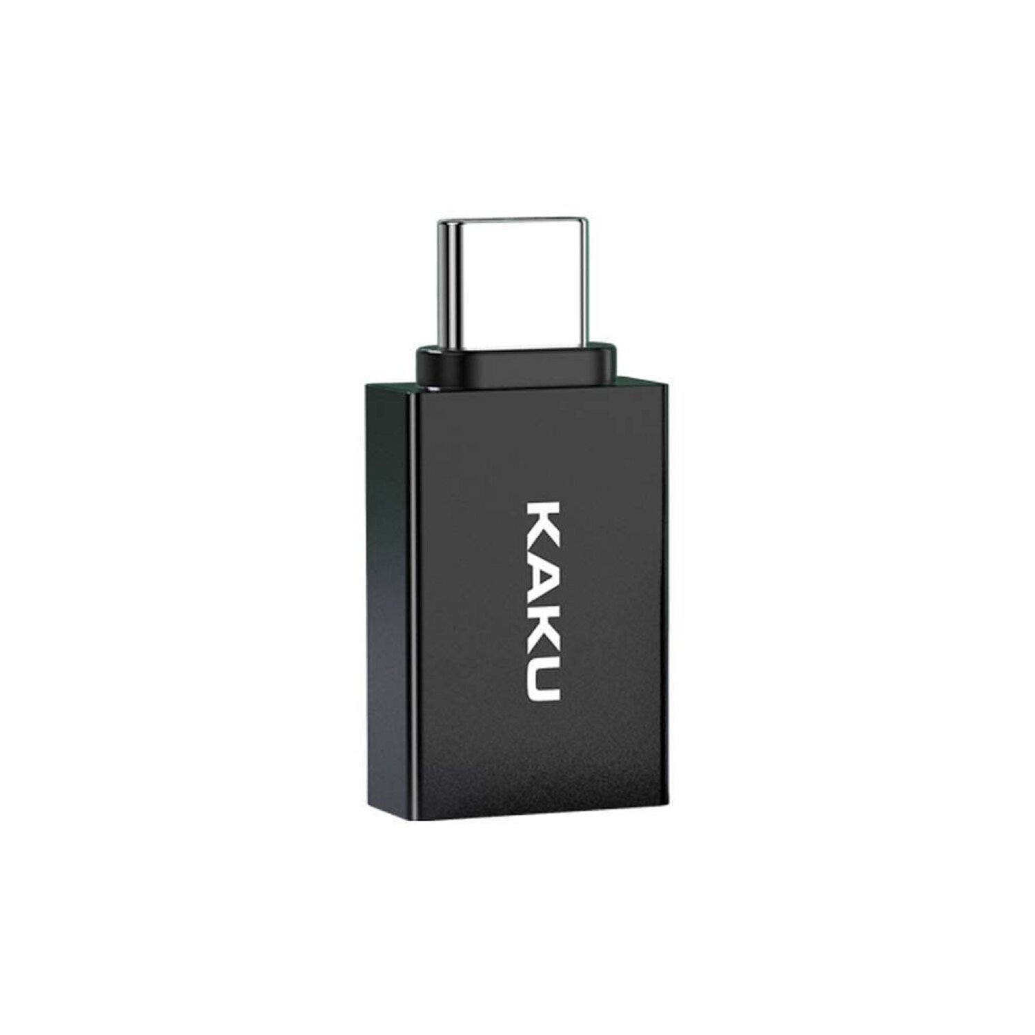 Schwarzer Kaku USB-C-Adapter mit Markenname. Weißer Hintergrund.