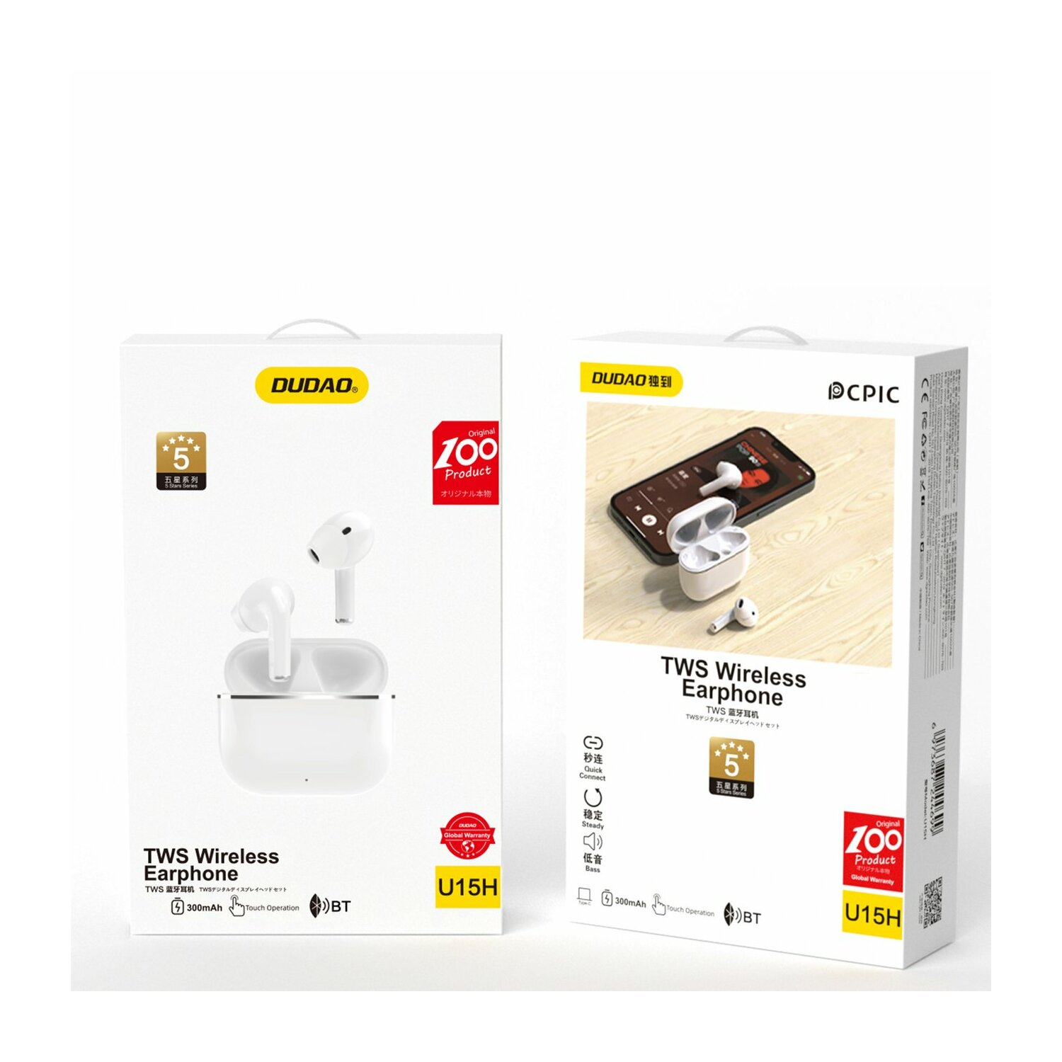 Zwei weiße kabellose Ohrhörerboxen. Jede Box hat ein Bild des Produkts und Text.