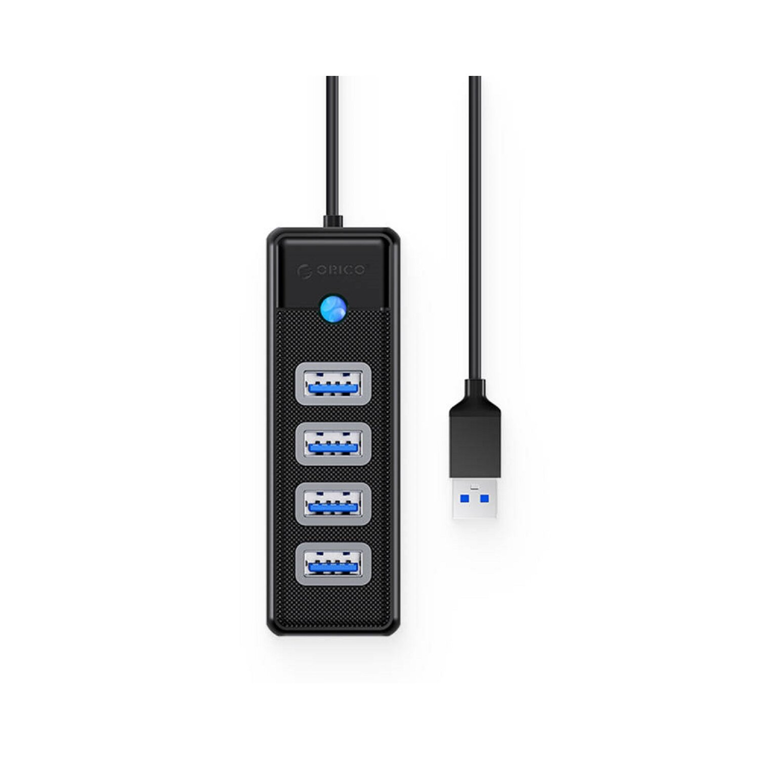 Schwarzer USB-Hub mit 4 Anschlüssen und einem schwarzen Kabel. Enthält eine blaue Betriebsanzeige.