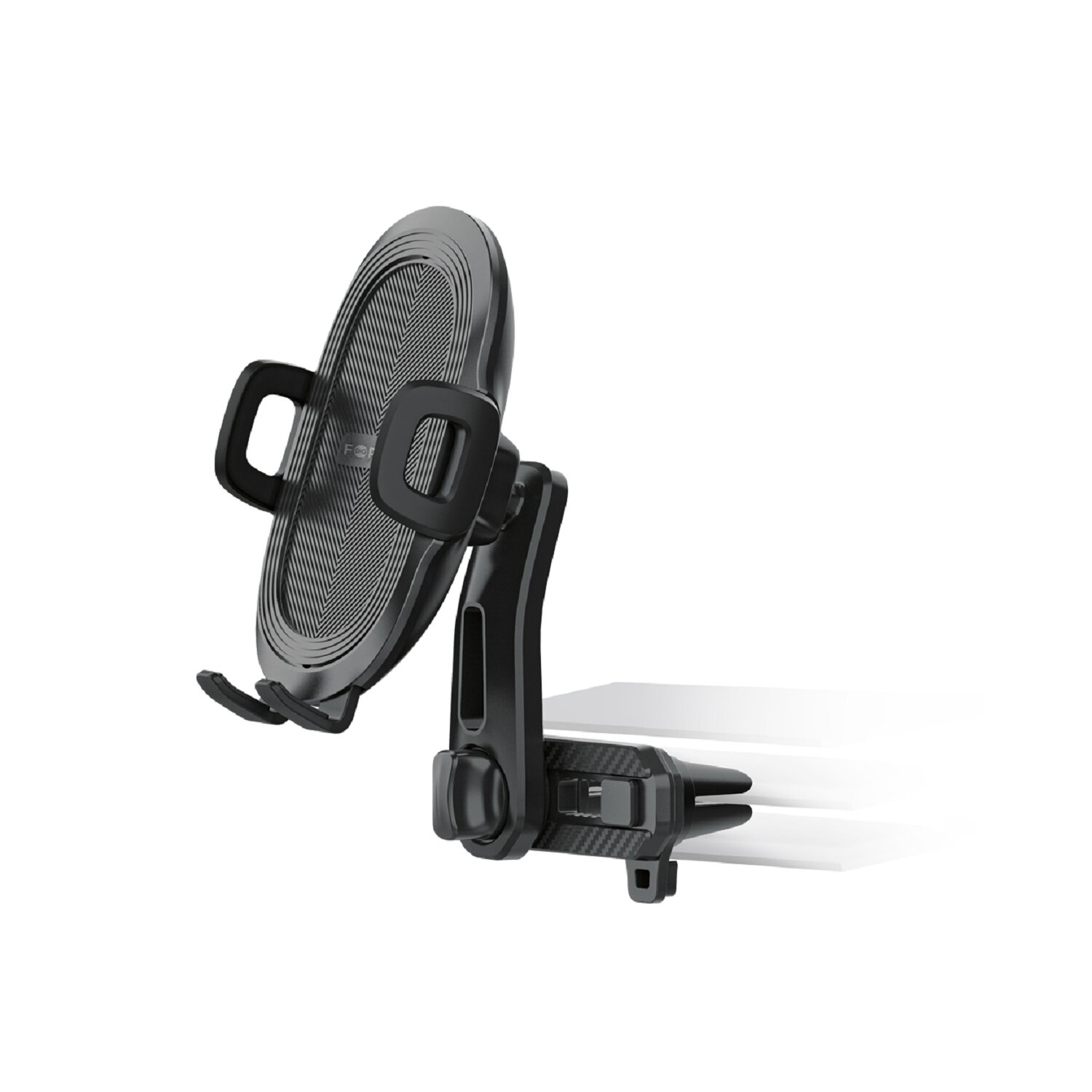 Ein schwarzer Autotelefonhalter, an einer Lüftung befestigt, mit strukturierter Oberfläche, vor weißem Hintergrund.