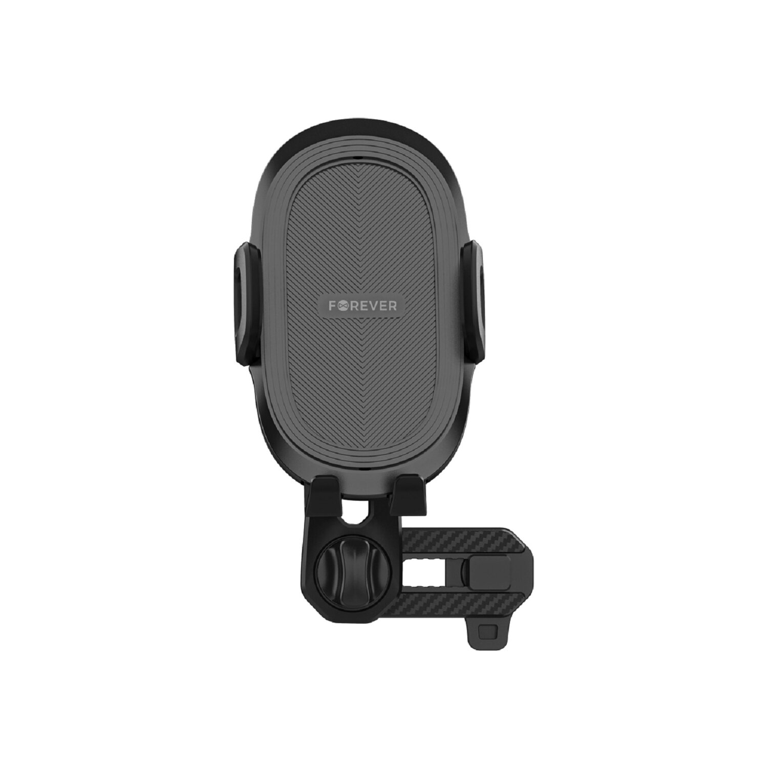 Schwarzer Autotelefonhalter. Er ist an einer Oberfläche befestigt. Der Halter hat einen Telefongriff.