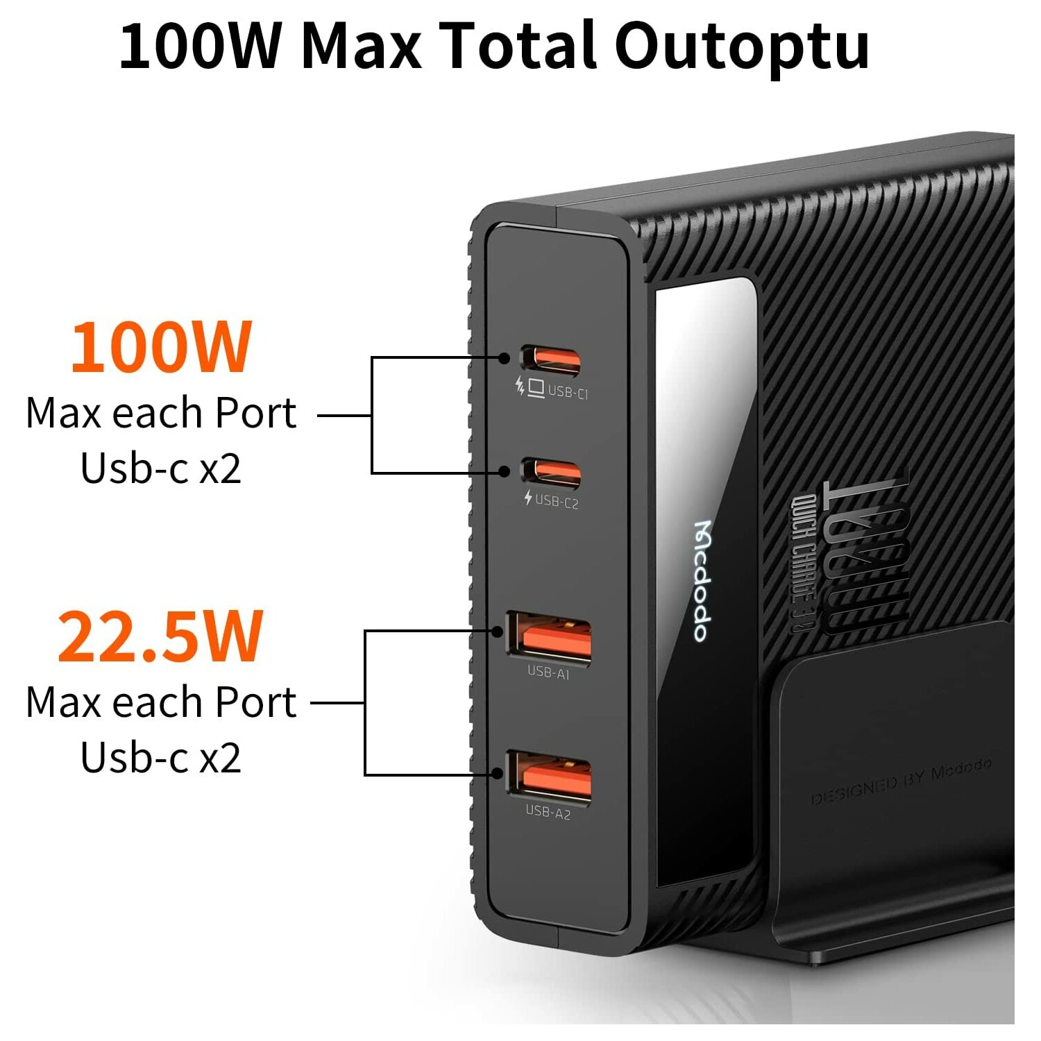 Schwarzer Netzadapter mit mehreren USB-Anschlüssen, beschriftet mit Leistungsausgängen.