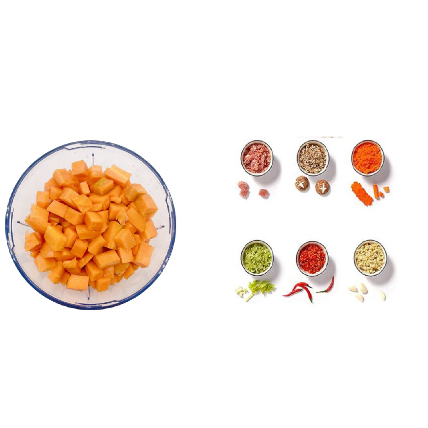 Schüssel mit gewürfeltem Kürbis, umgeben von kleinen Schalen mit Gewürzen und Zutaten.