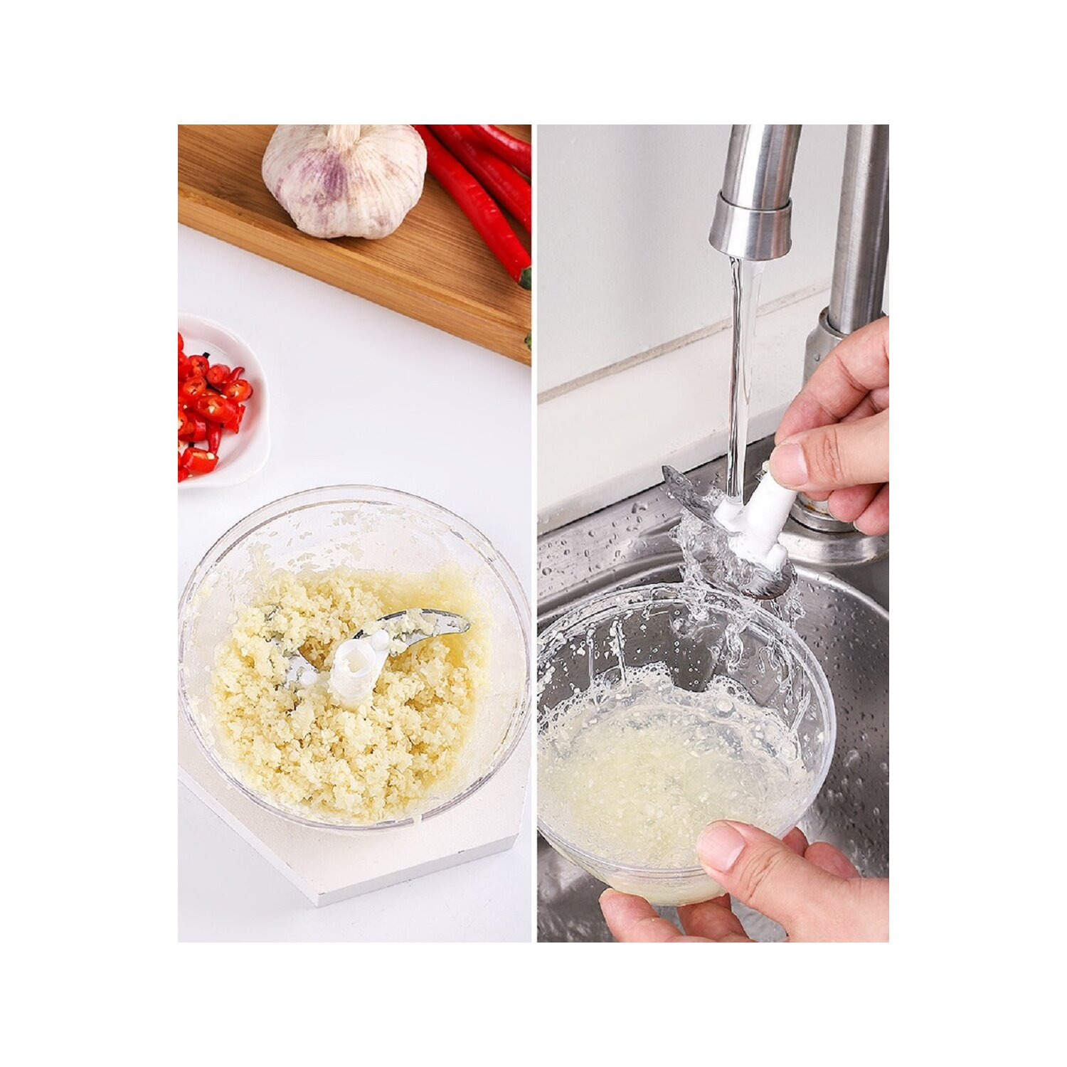 Bild zeigt Knoblauch und Chilischoten mit einem Zerkleinerer mit Knoblauch drin.