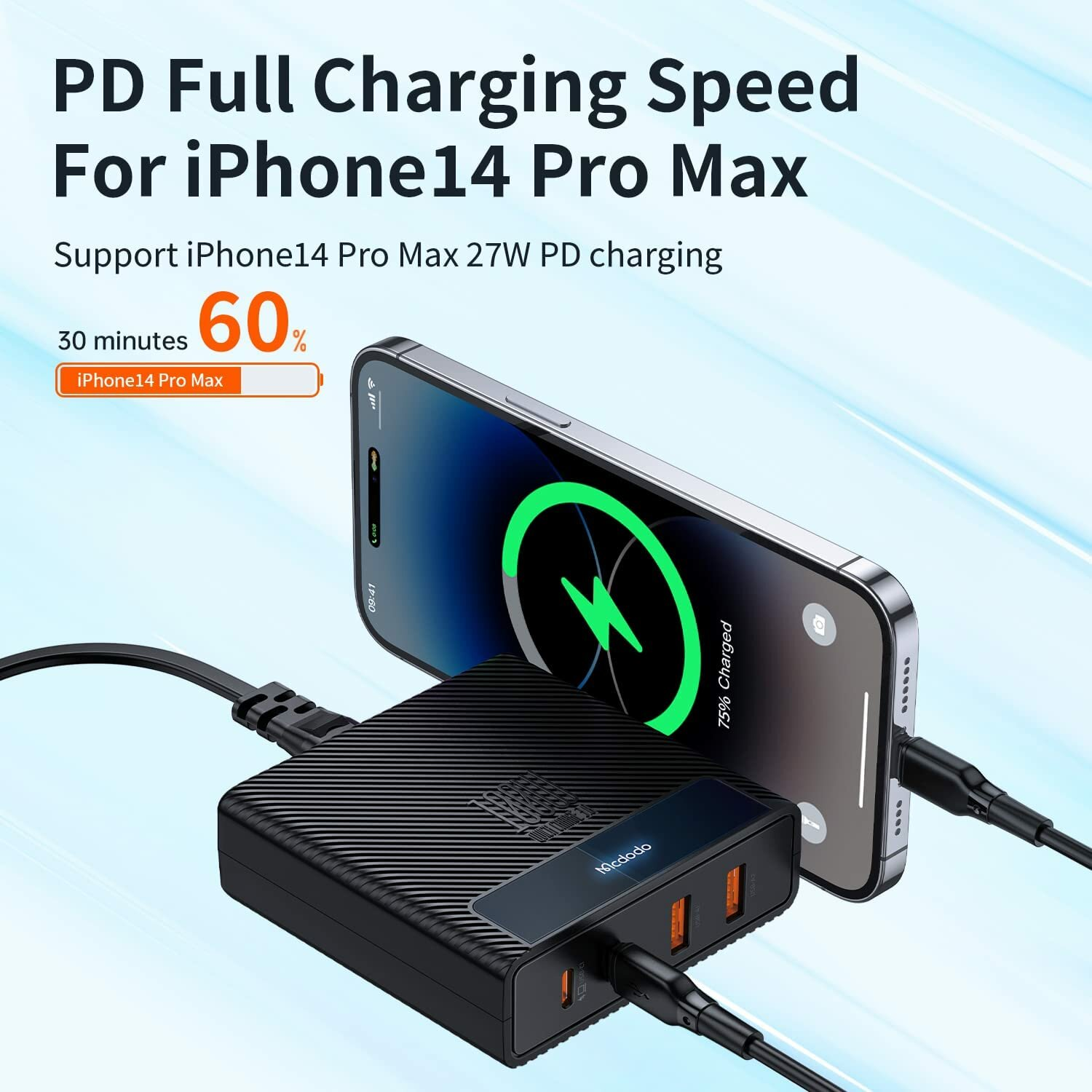 Schwarzer Ladeblock mit angeschlossenem iPhone. Der Bildschirm zeigt 75% Ladung.