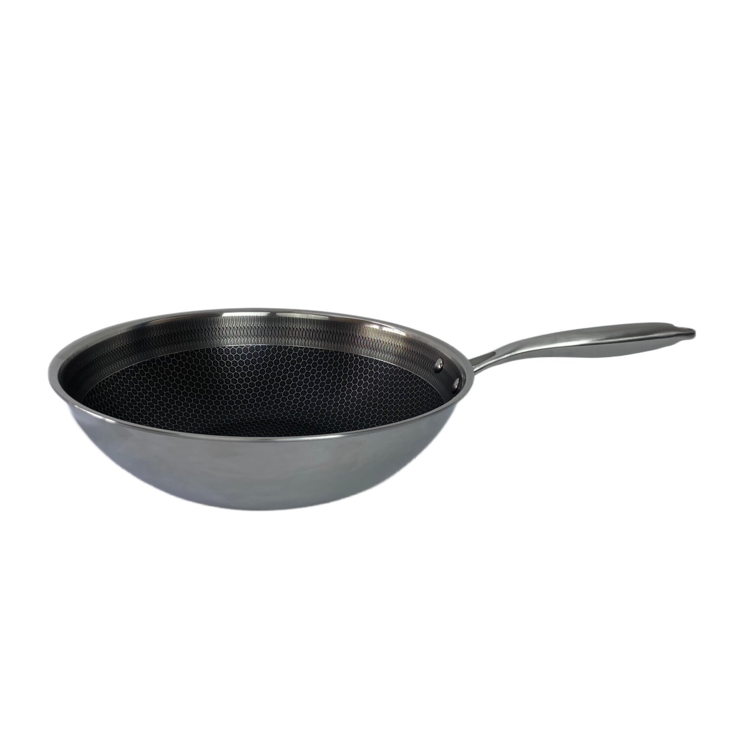 Wok-Pfanne aus Edelstahl mit schwarzem Wabenmuster im Inneren.