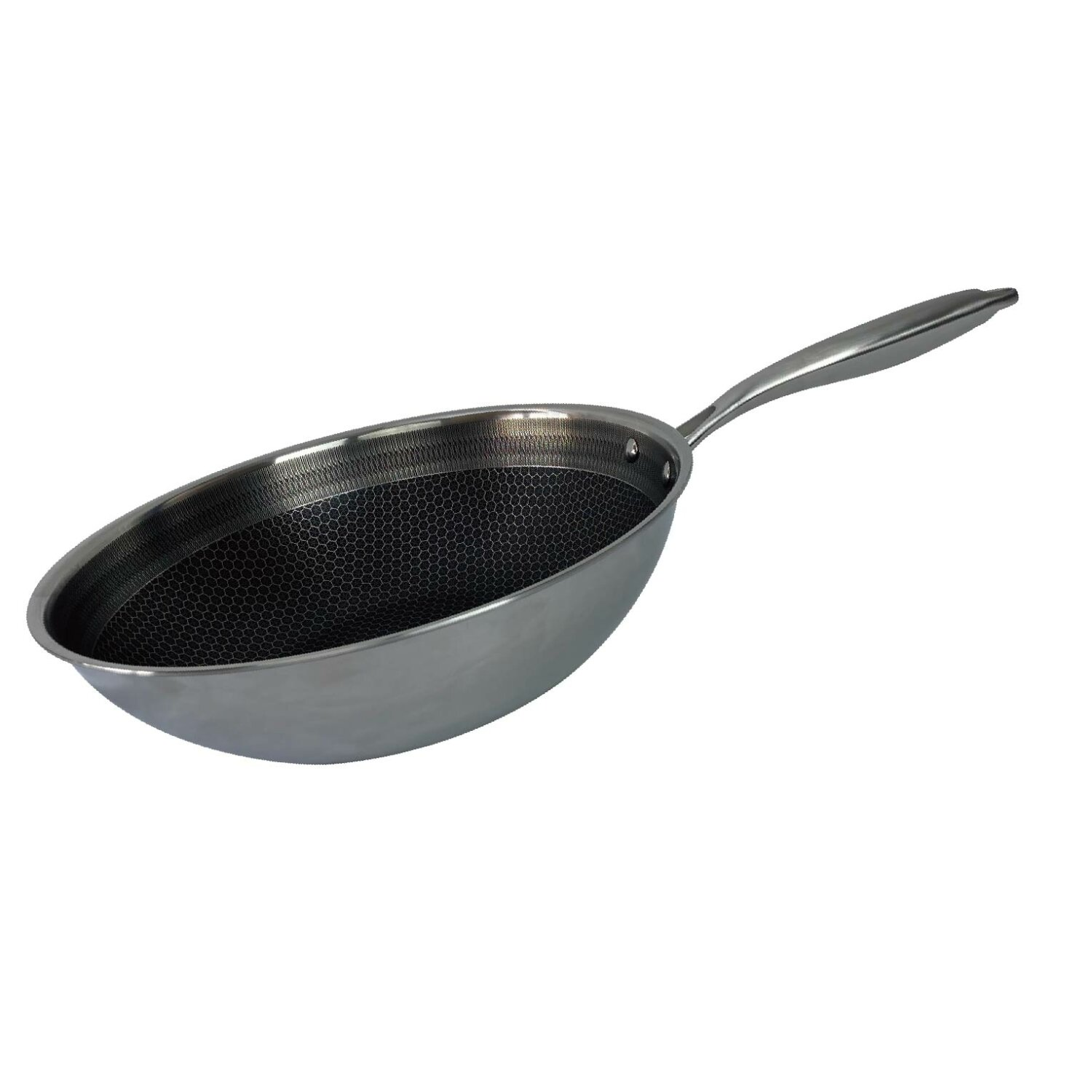 Silberne Wok-Pfanne mit schwarzem Wabenmuster. Weißer Hintergrund.