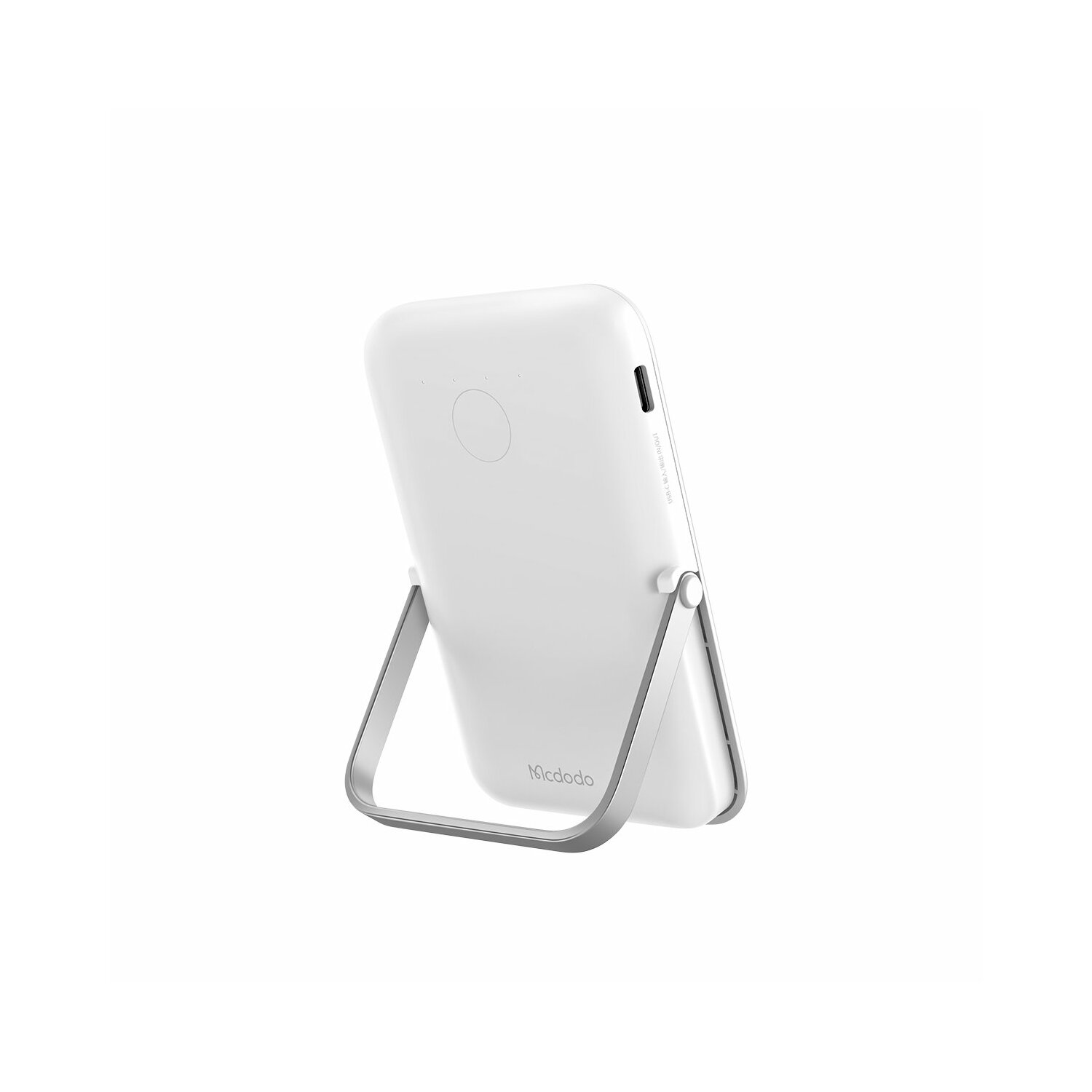 Weißes tragbares Gerät mit silbernem Ständer. Hat einen USB-Anschluss und einen Power-Knopf. Neigt sich nach hinten.