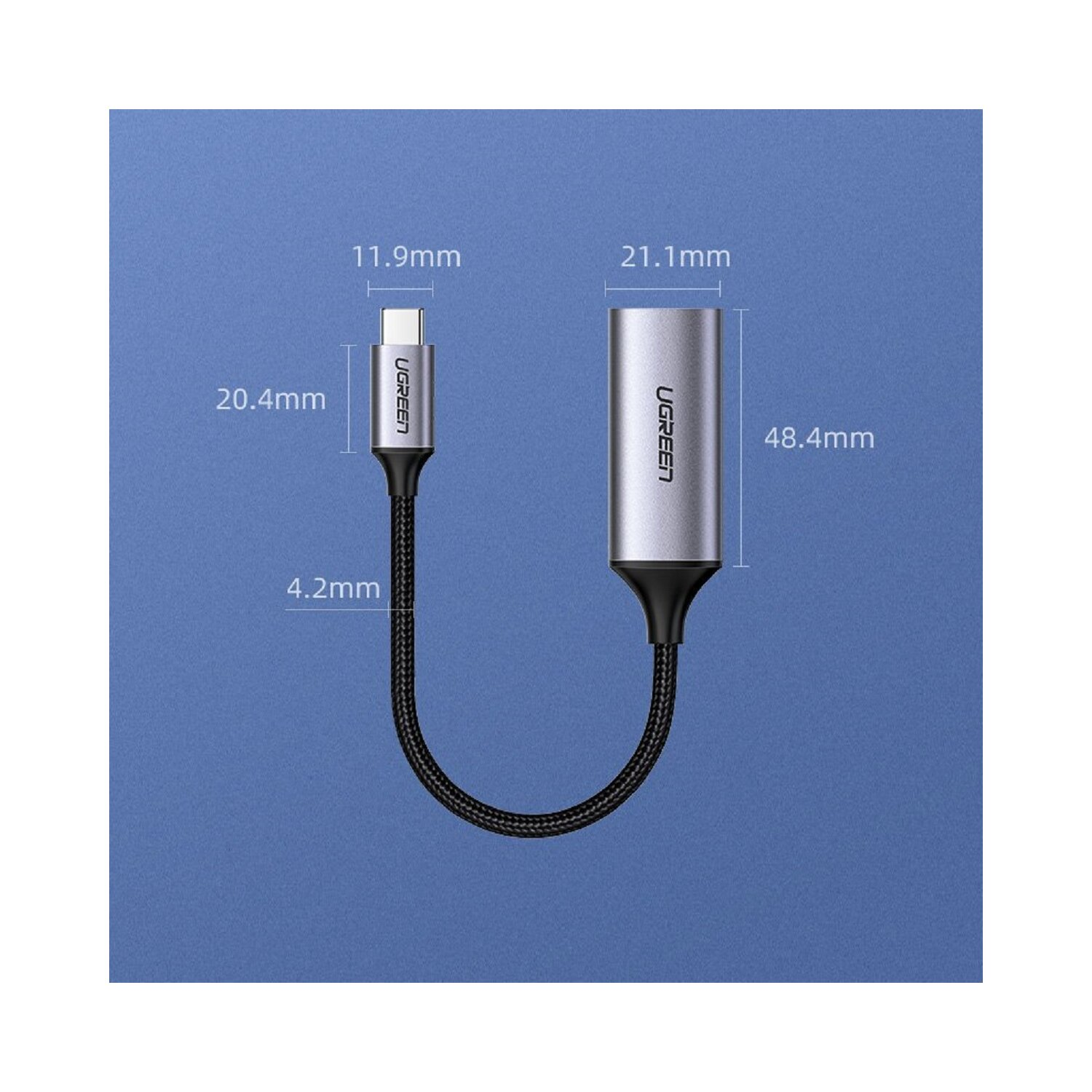 Kabel USB w kształcie litery U z wymiarami: 11,9 mm, 20,4 mm, 21,1 mm, 48,4 mm i 4,2 mm.