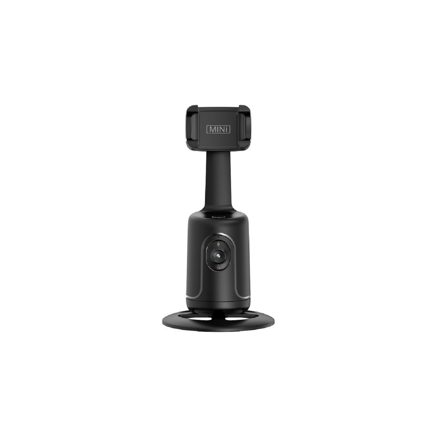Ein schwarzer Mini-Gimbal-Stabilisator für den Handheld-Einsatz mit einer Taste und einem Sockel, isoliert auf Weiß.