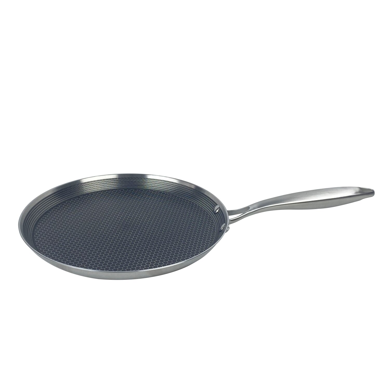Eine Bratpfanne aus Edelstahl mit Wabenmuster auf der Kochfläche.