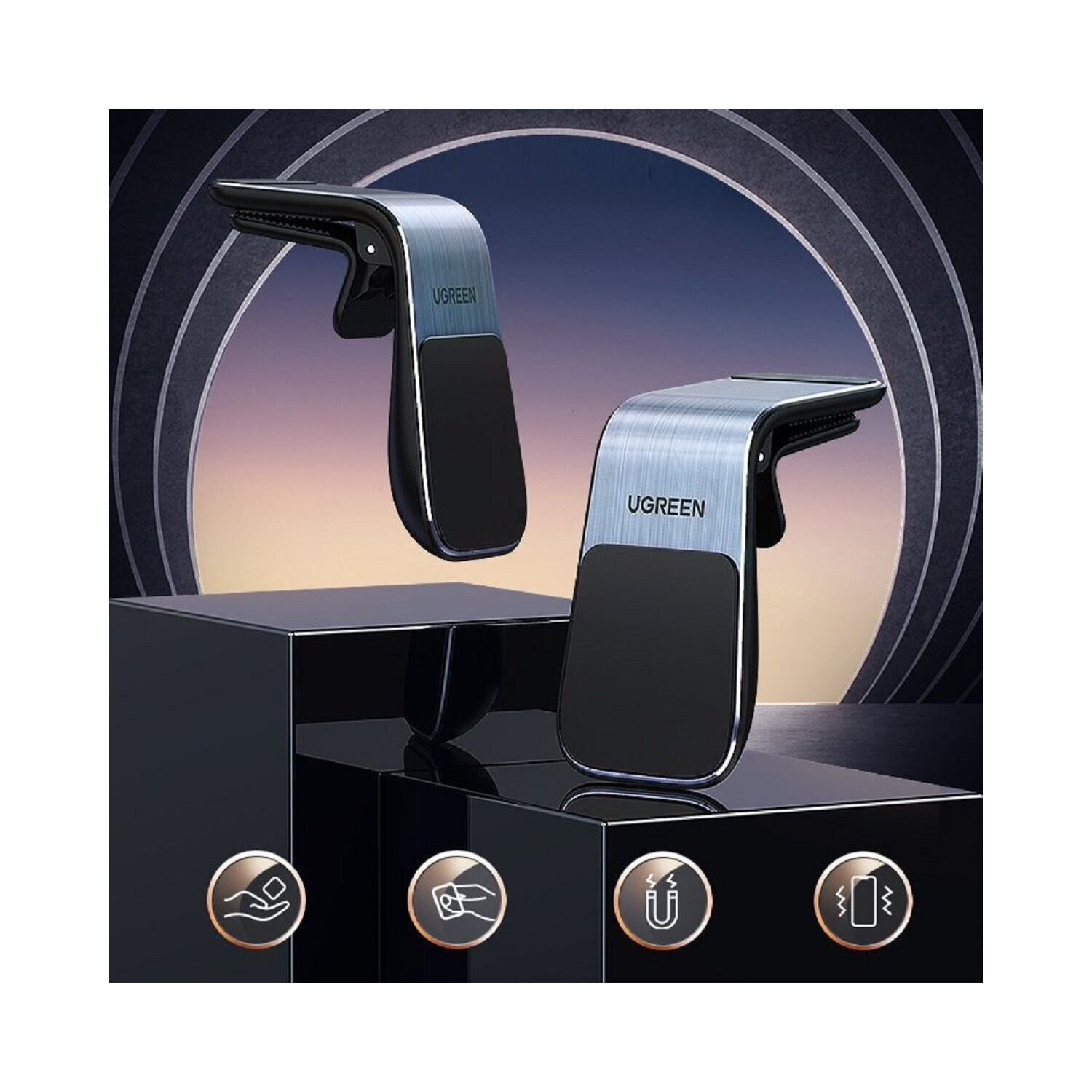 Zwei Autotelefonhalter auf dunkler Oberfläche. Metall-Finish, UGREEN-Logo und Symbole, die Funktionen anzeigen.