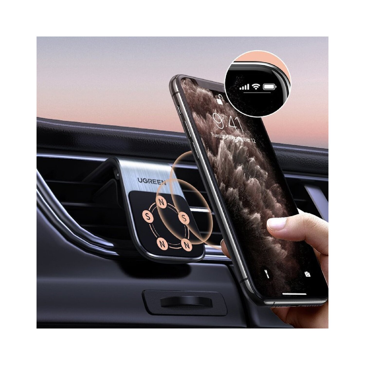 Telefon auf einer Autohalterung mit Ladeanzeige.