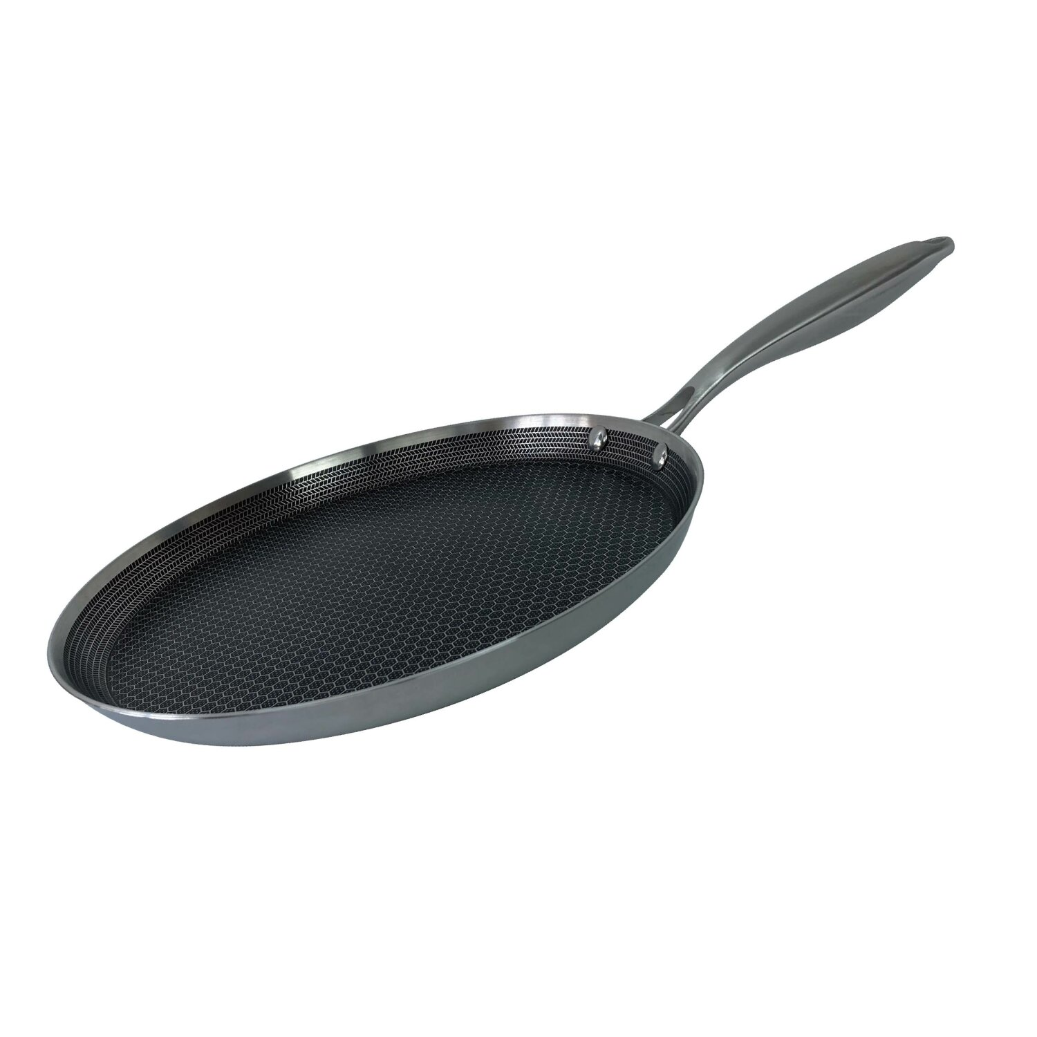 Ovale Pfanne mit Griff. Dunkelgrauer Innenraum. Weißer Hintergrund.