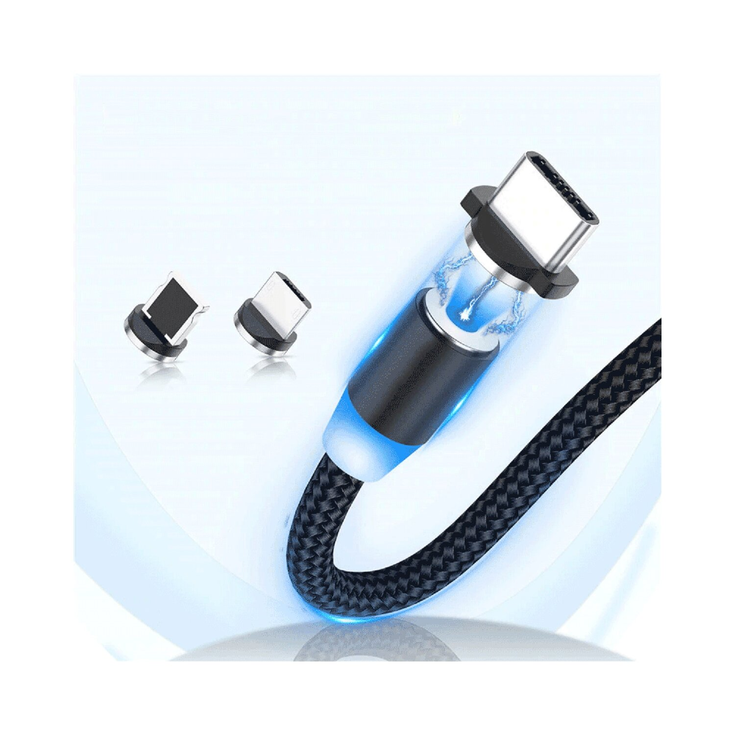 Magnetisches Ladekabel mit USB-C-Anschluss und zwei magnetischen Spitzen, blau leuchtend.