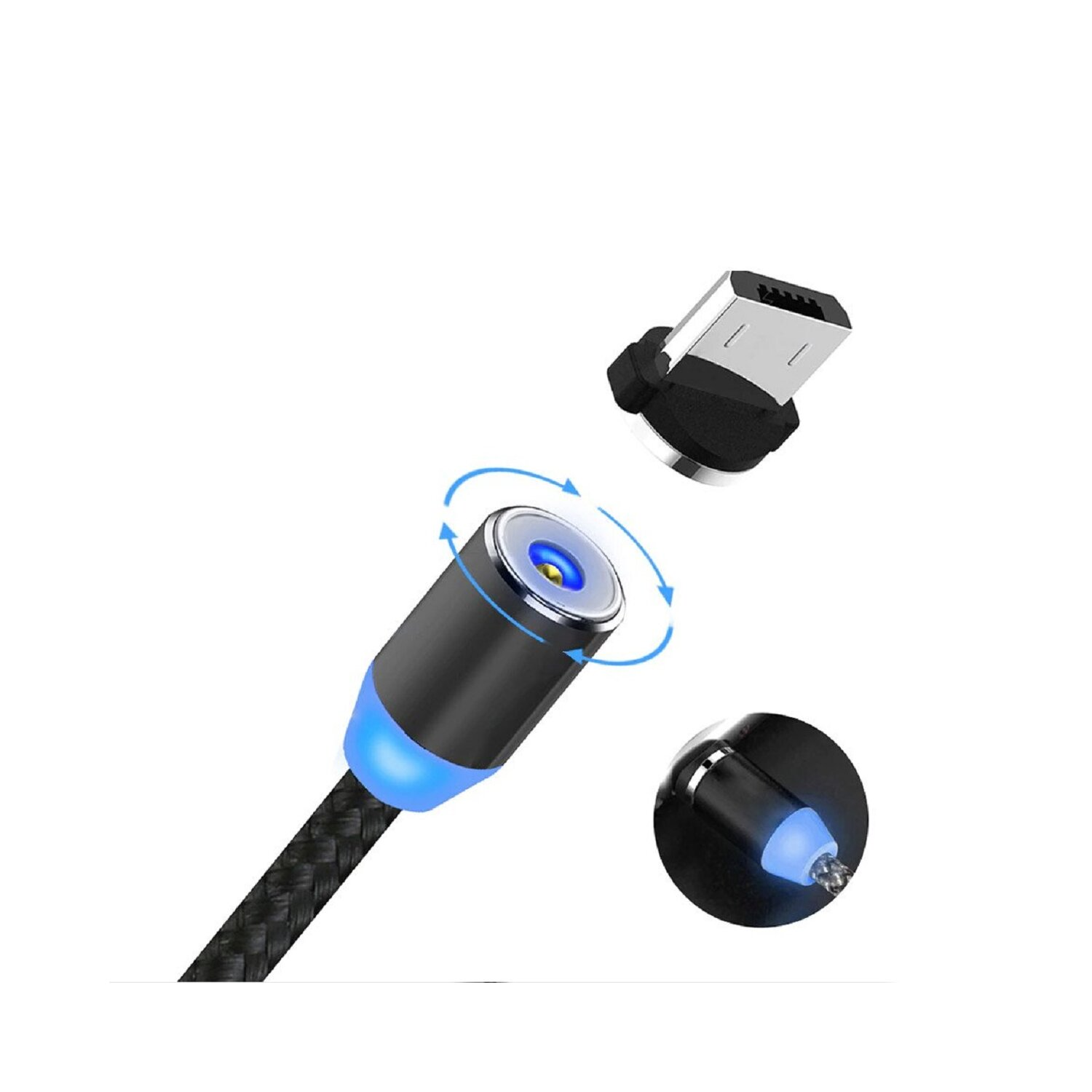 Schwarzes und blaues magnetisches Ladekabel. Das Kabel ist mit einem Telefon verbunden. Weißer Hintergrund.