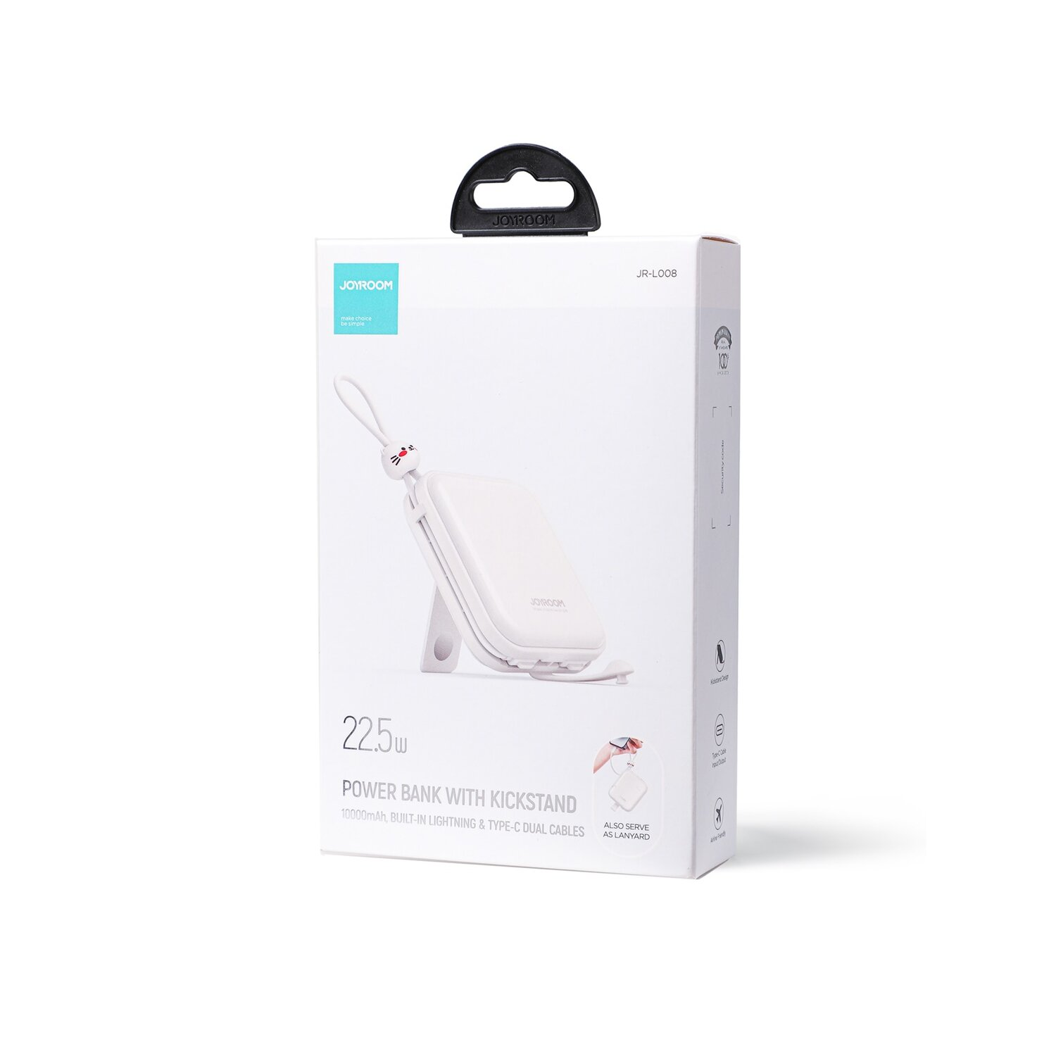 Weiße Powerbank-Box mit Ständer und Lightning- & Typ-C-Kabeln. Weißer Hintergrund.