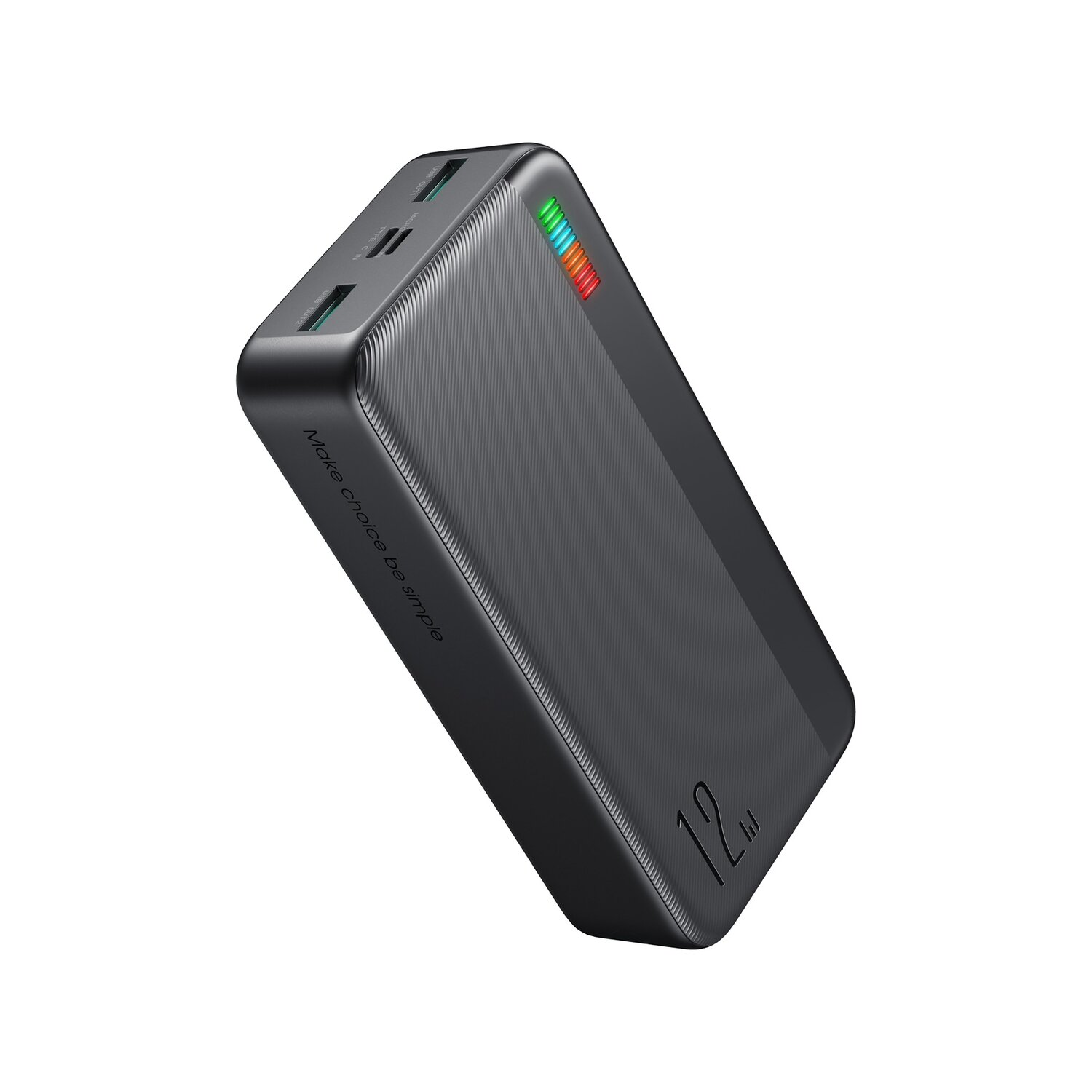 Schwarze Powerbank mit strukturierter Oberfläche, abgewinkelt, mit sichtbaren Ladeanzeigen.