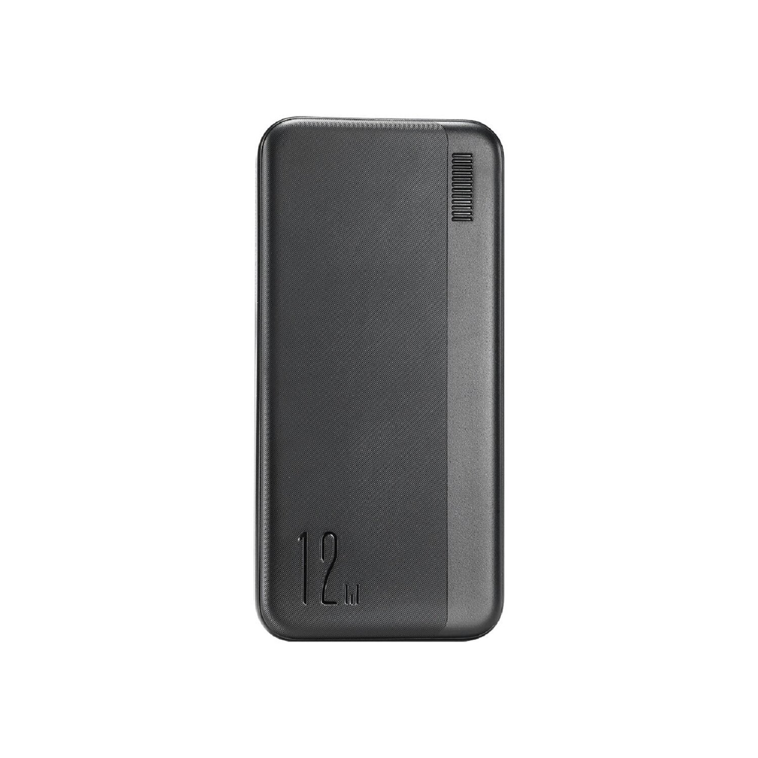 Dunkelgraue Powerbank mit strukturierter Oberfläche und der Zahl '12' aufgedruckt.