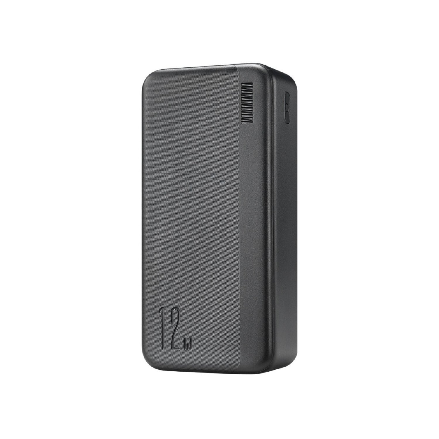 Eine schwarze, rechteckige Powerbank mit abgerundeten Kanten. Die Zahl '12.' ist sichtbar.