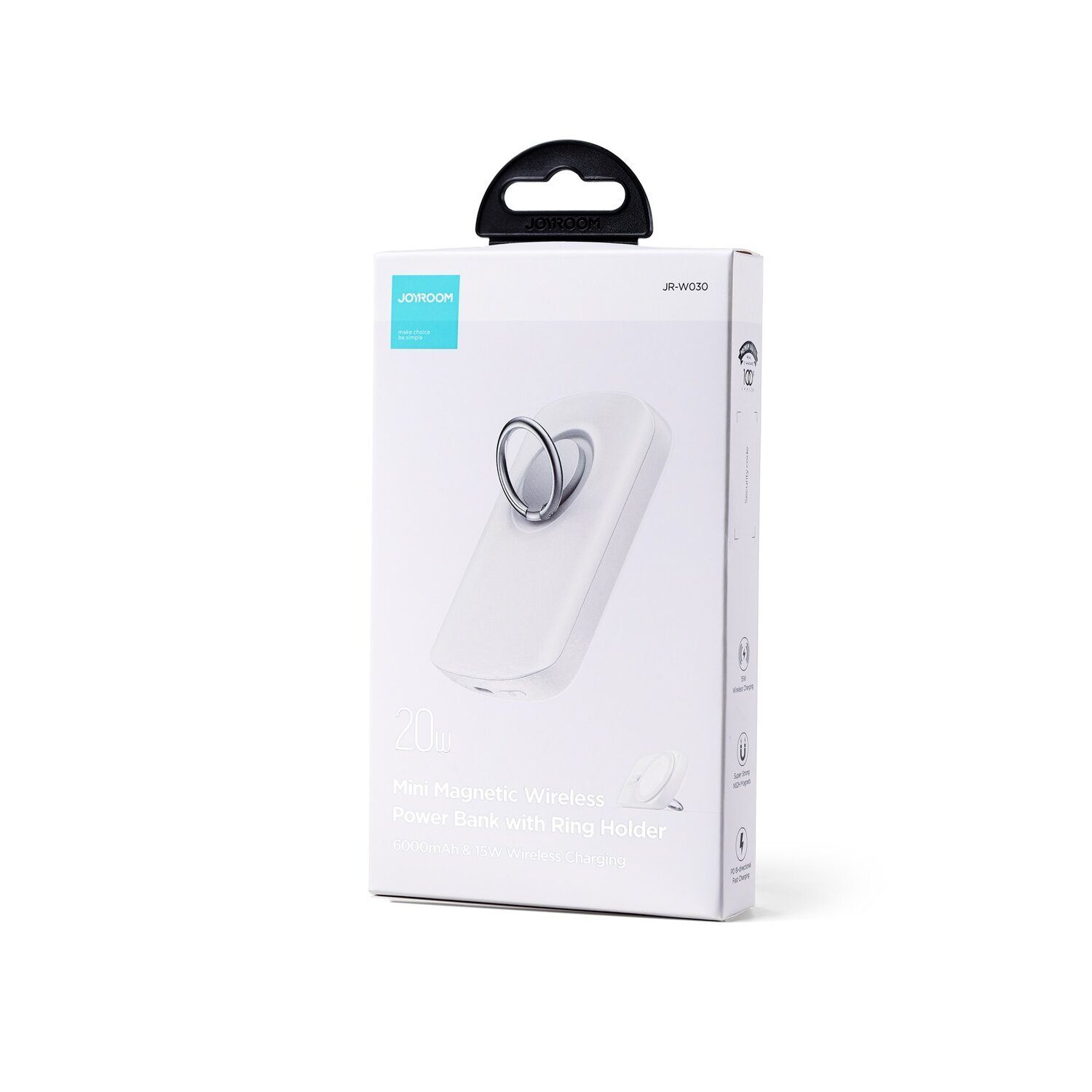 Eine weiße Box mit einem Ringhalter, mit den Worten 'Mini Magnetic Wireless Power Bank'.