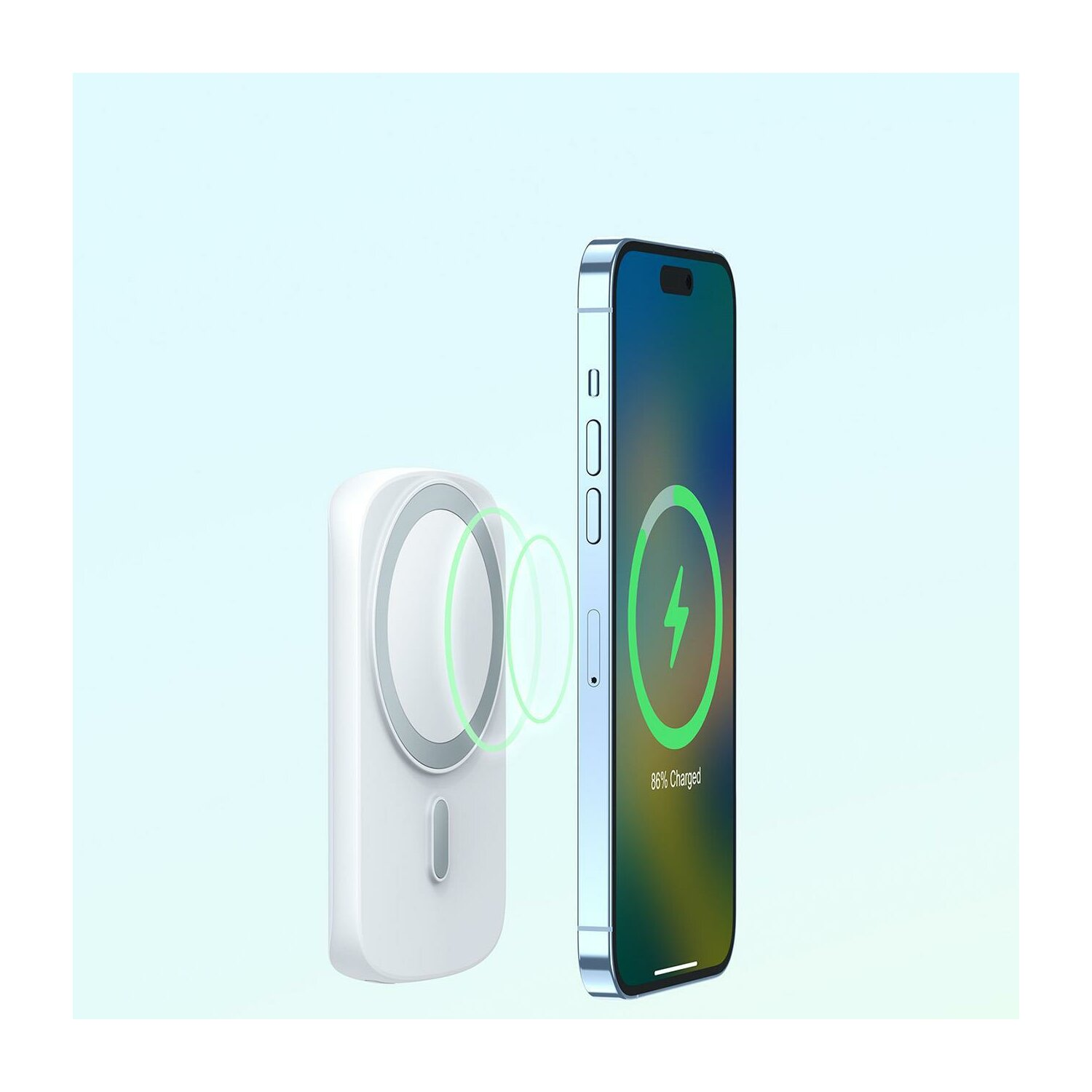 Ein weißes kabelloses Ladegerät neben einem Telefon, das ein Ladesymbol und Prozentsatz zeigt.