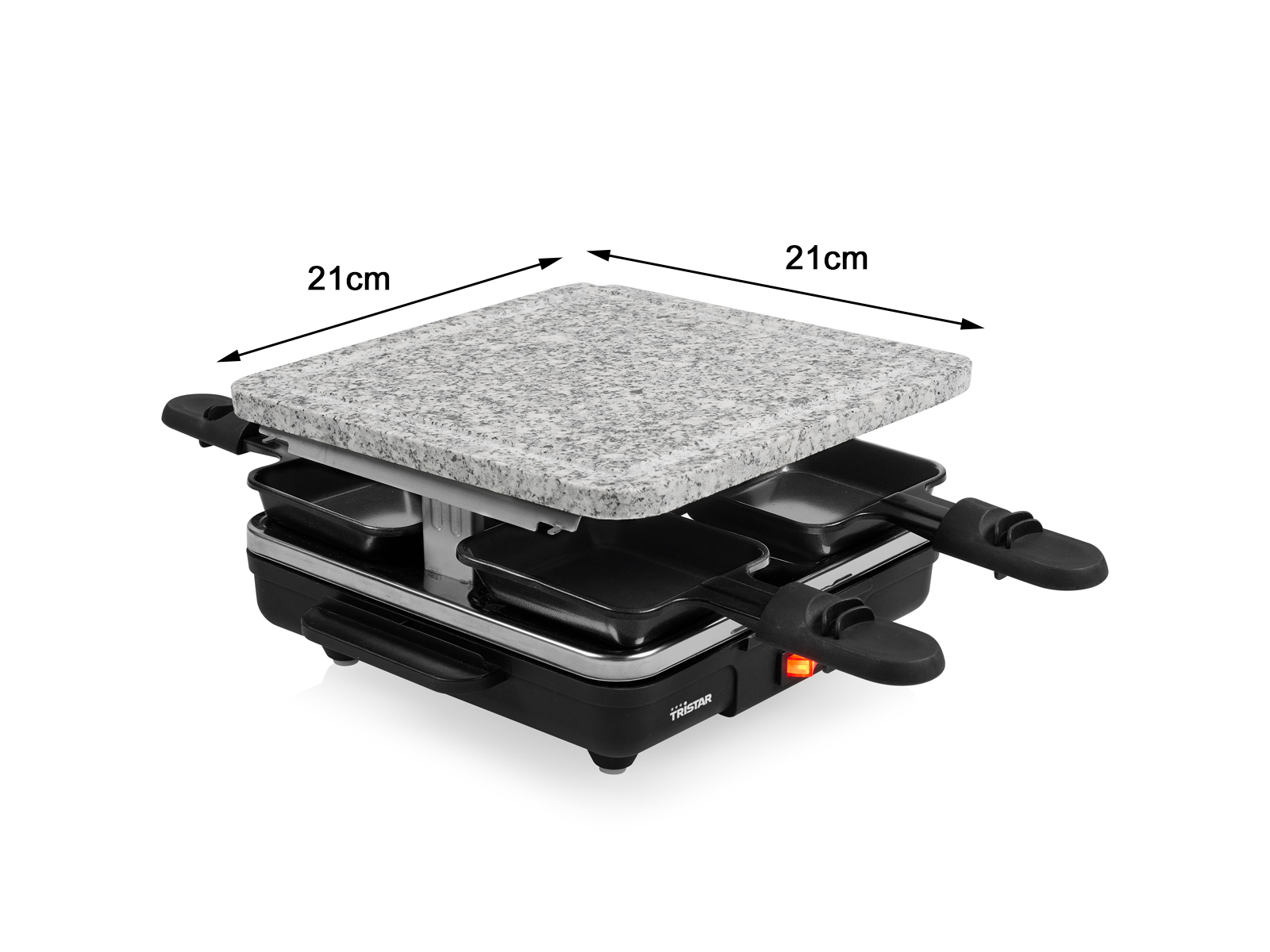 Raclette-Grill mit Steinplatte, zwei Pfannen und Griffen. Maße von 21cm sind angegeben.
