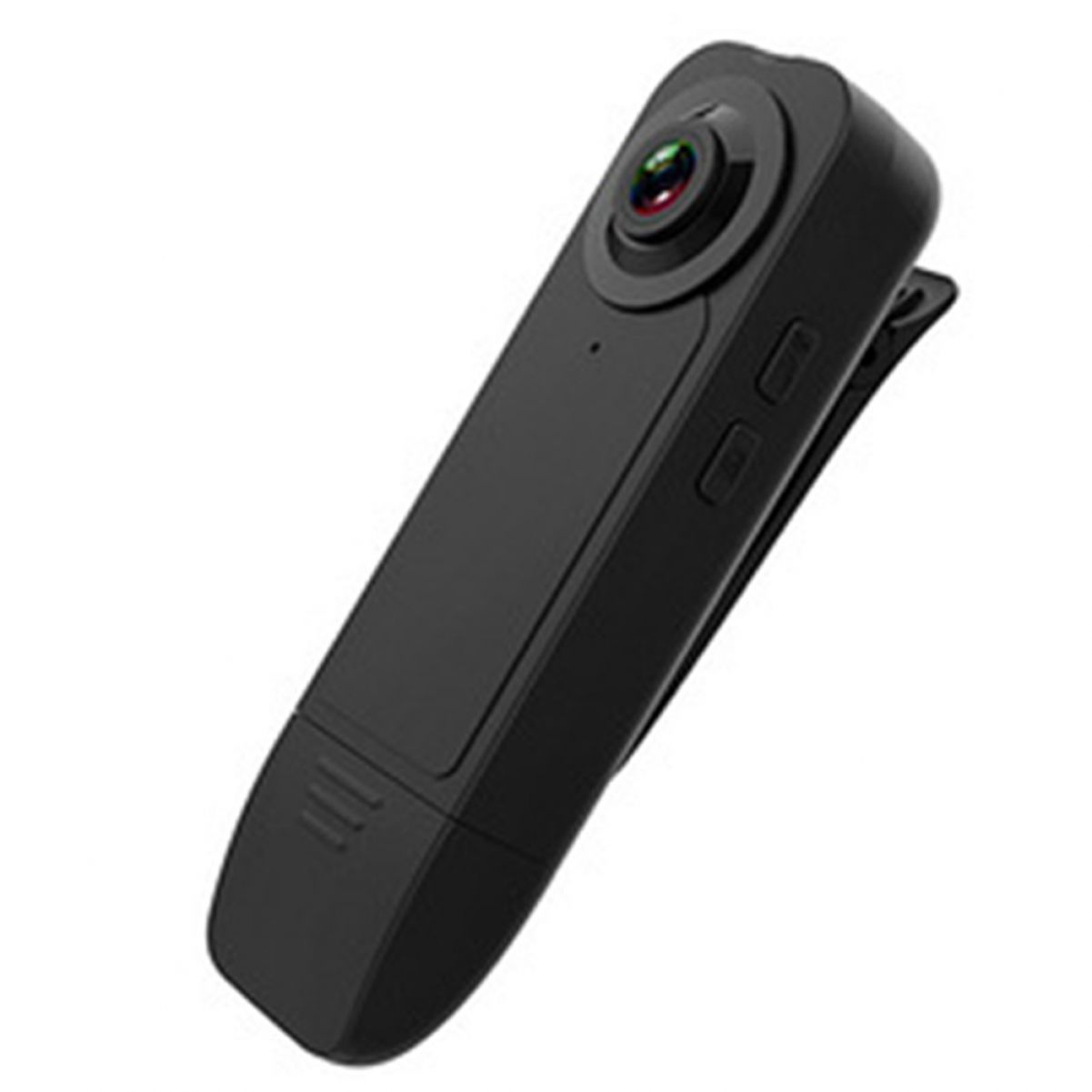 Eine kleine schwarze Kamera mit Clip. Sie hat ein Objektiv und Knöpfe, vor weißem Hintergrund.
