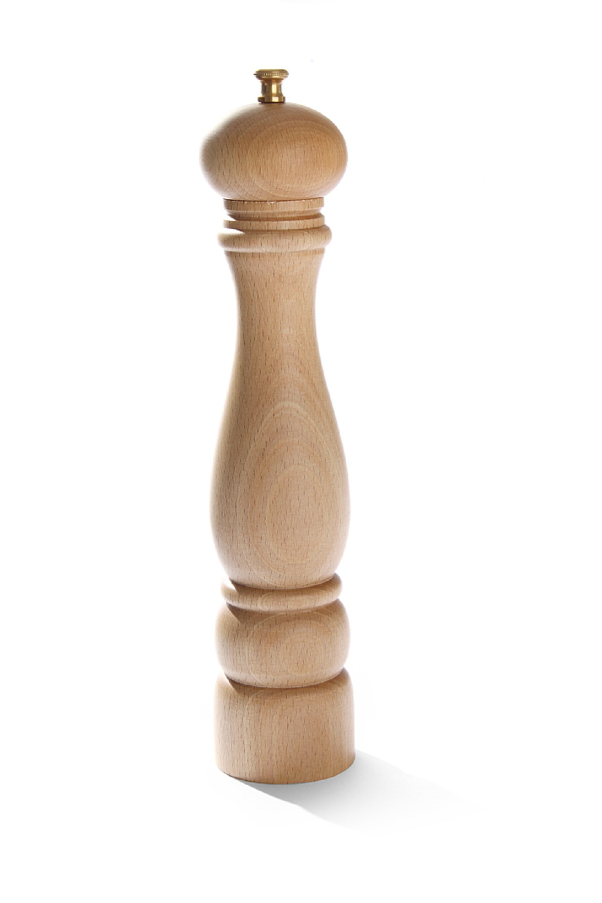 Pfeffermühle aus Holz mit einem bauchigen Kopf und zylindrischem Körper.
