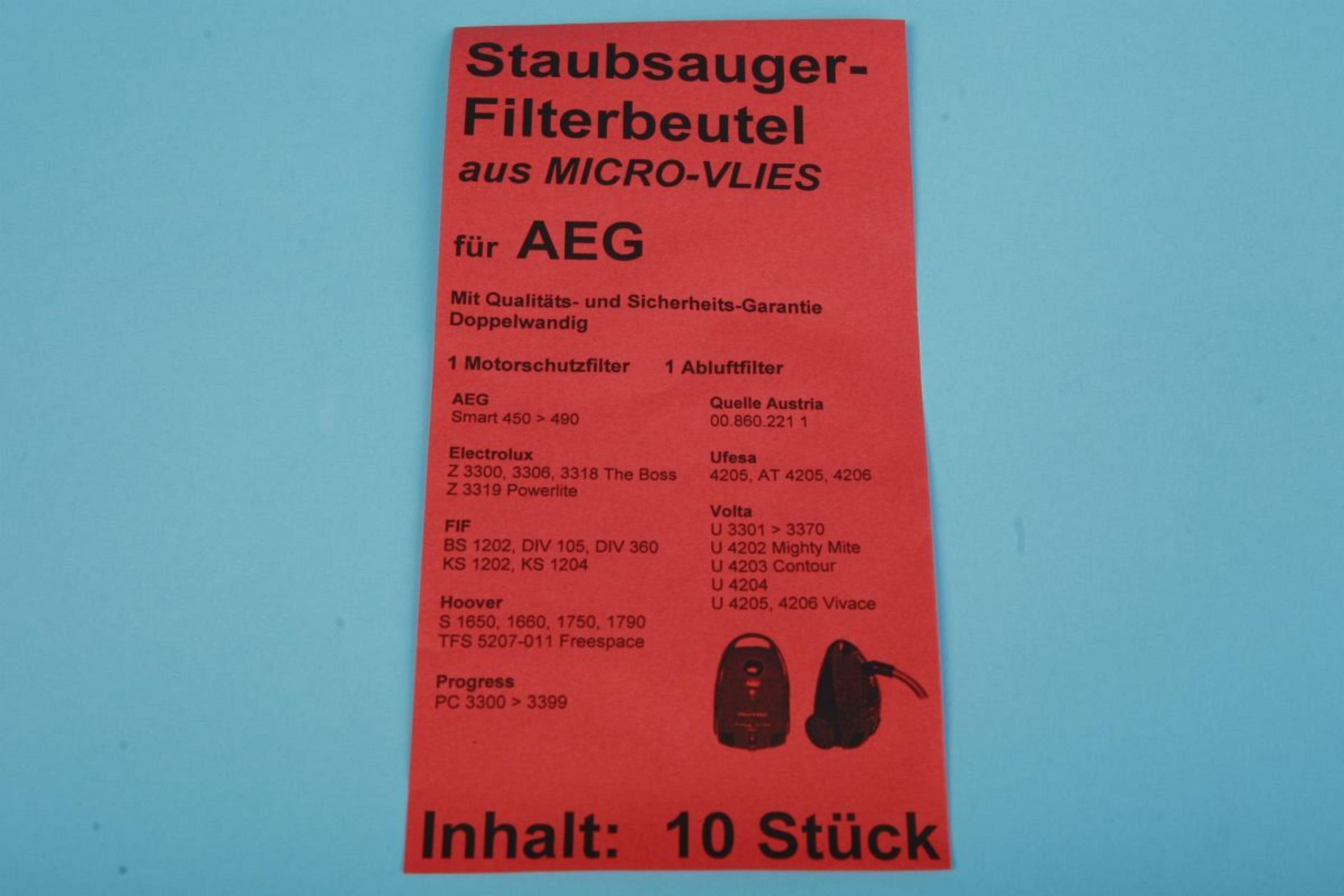 Eine rot-weiße Schachtel mit deutschem Text. Es ist ein Filterbeutel für AEG-Staubsauger.