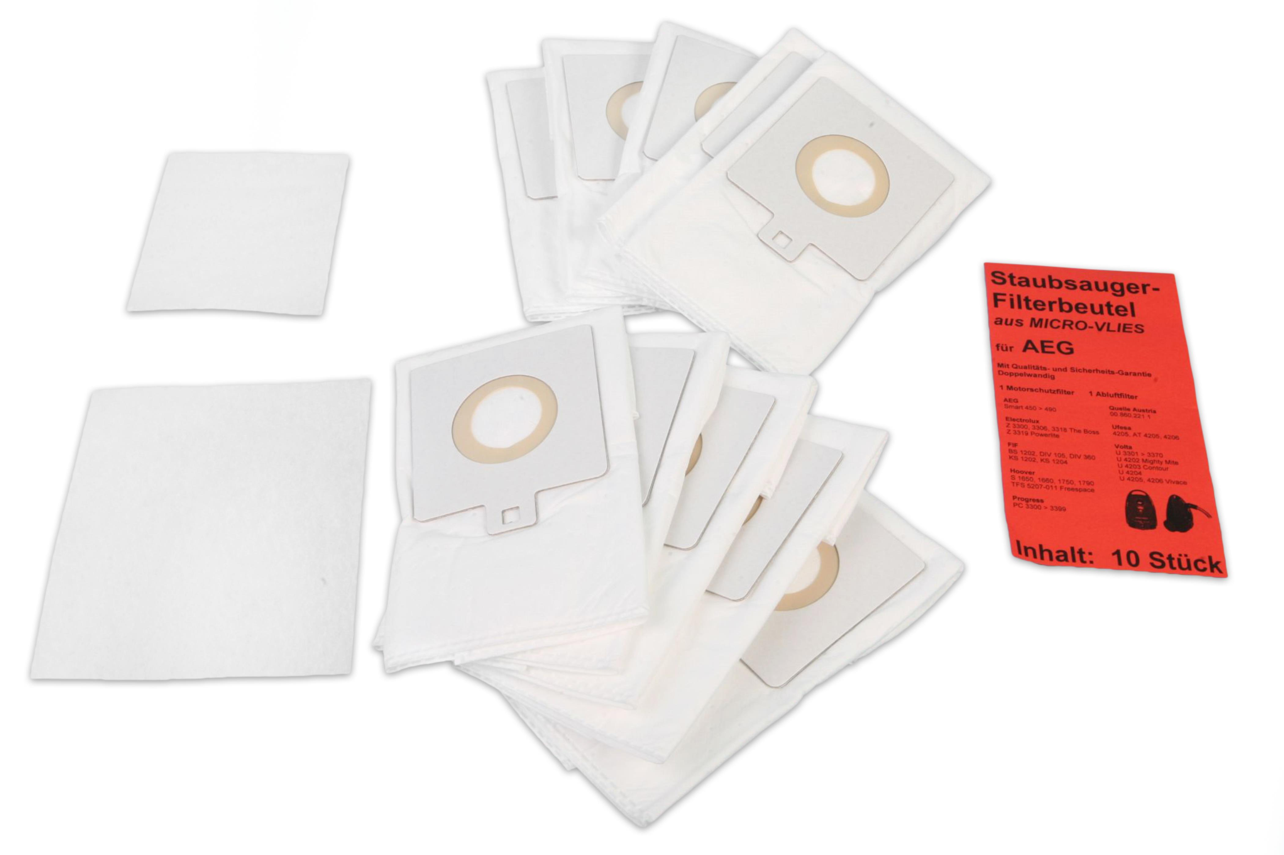 Staubsauger-Filterbeutel und Filterpads. Rotes Etikett an der Seite.