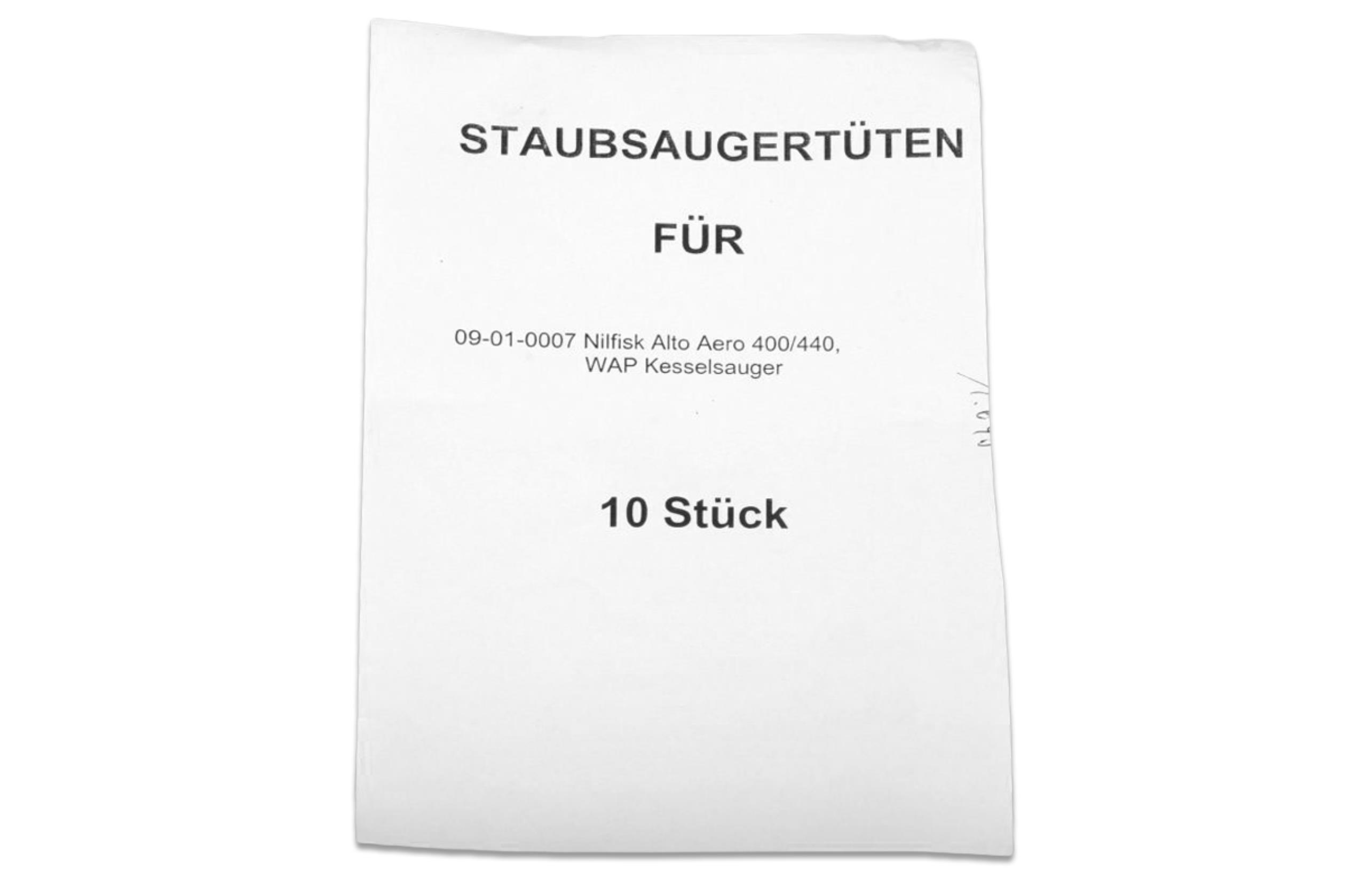 Weißes Papier mit Text, der 'Staubsauger Tüten für' und Produktinformationen mit '10 Stück' darunter angibt.